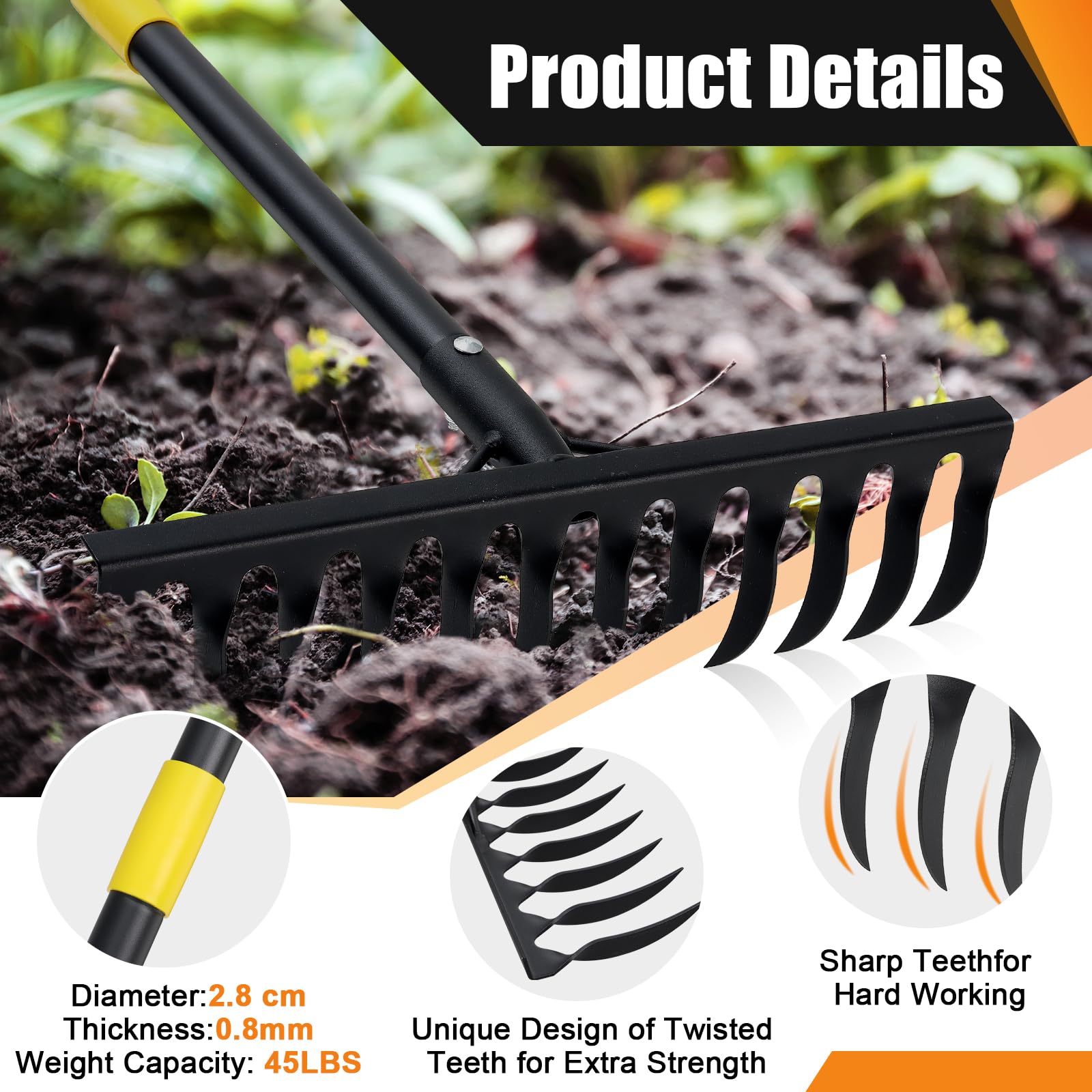 Rake, 186 cm Bow Rake with 12 Tines, Long Handle Heavy Duty Garden Rake ...