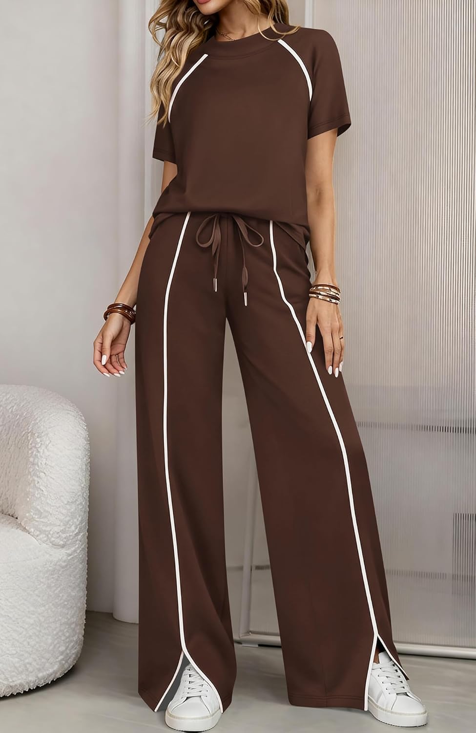 BTFBM Casual Two Piece Sets For Women Summer Outfits Solid Matching Sweatsuit Lounge Set Wide Leg Pants Workout - Image 4