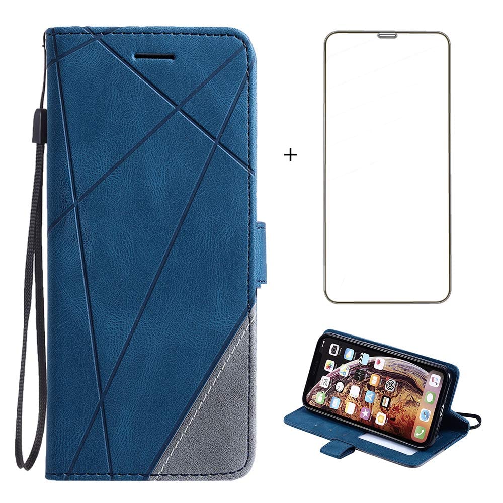 Compatible with iPhone XR Wallet Case and Tempered Glass Screen Protector Leather Flip Cover Credit Card Holder Cell Phone Cases for iPhoneXR iPhone10R i Phonex 10XR 10R 10 R RX CR Blue Men Women Girl