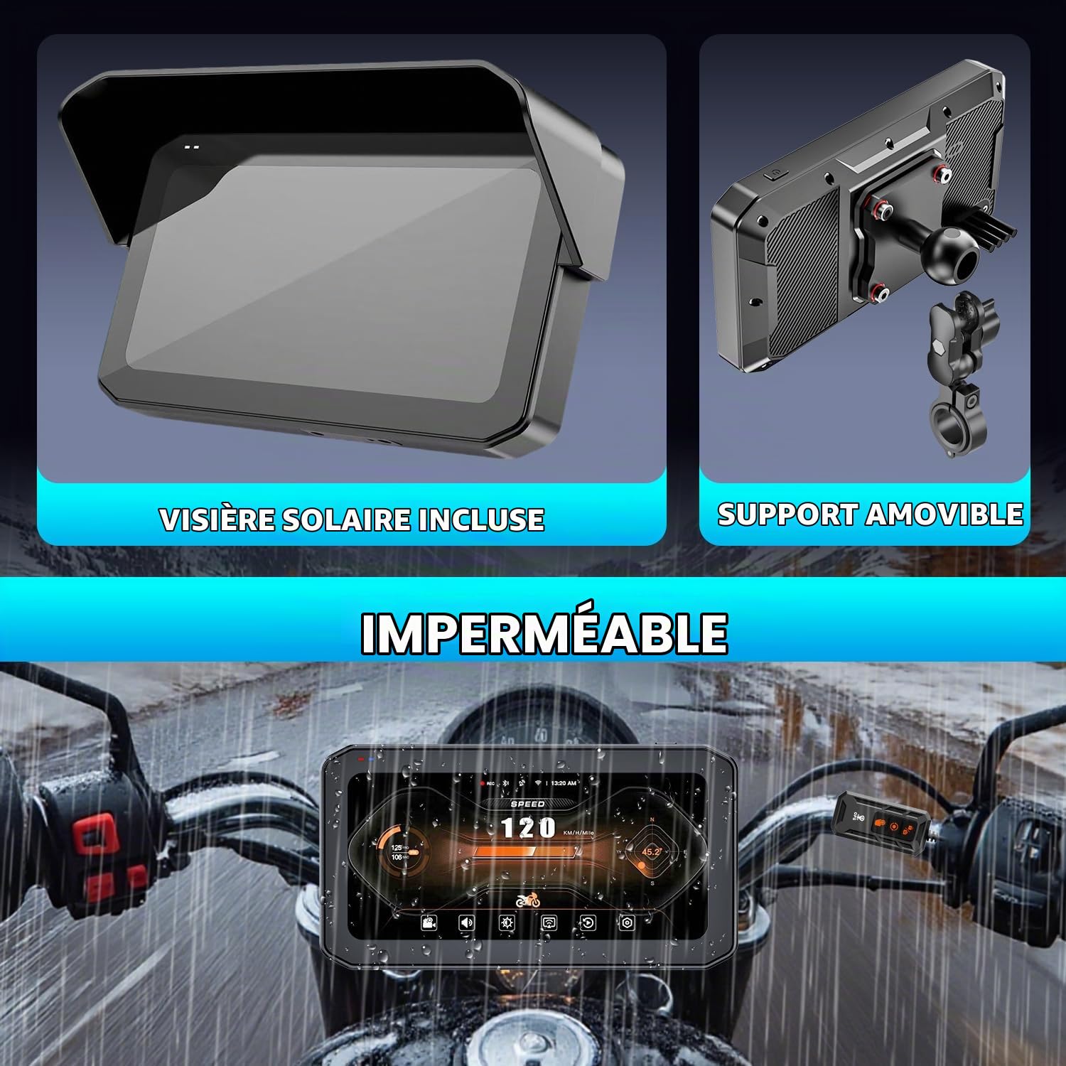 CarPlay Moto Android Auto avec Camera Étanche, 2K Dashcam Moto Avant et Arrière, Écran Tactile 6.25" avec GPS, TPMS, Télécommande, Carte TF 64 Go