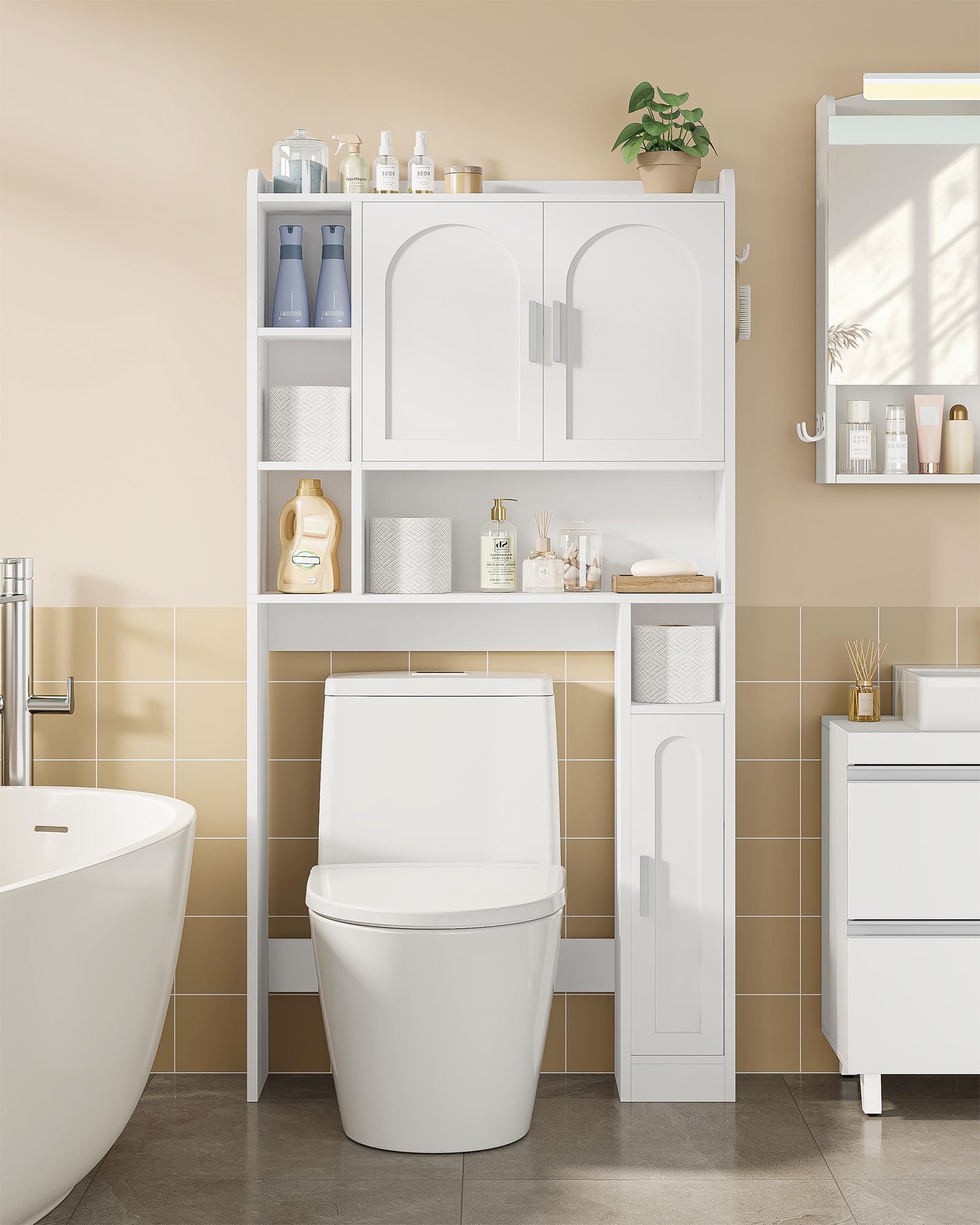 Hzuaneri Mobile Lavatrice, Ripiani Regolabili, 24 x 82 x 170 cm, ELR82003X | Mobile Sopra Lavatrice, 2 Armadietti, 5 Scomparti Aperti, Scaffale da Bagno con 3 Ante, Bianco, Stile Moderno Minimalista