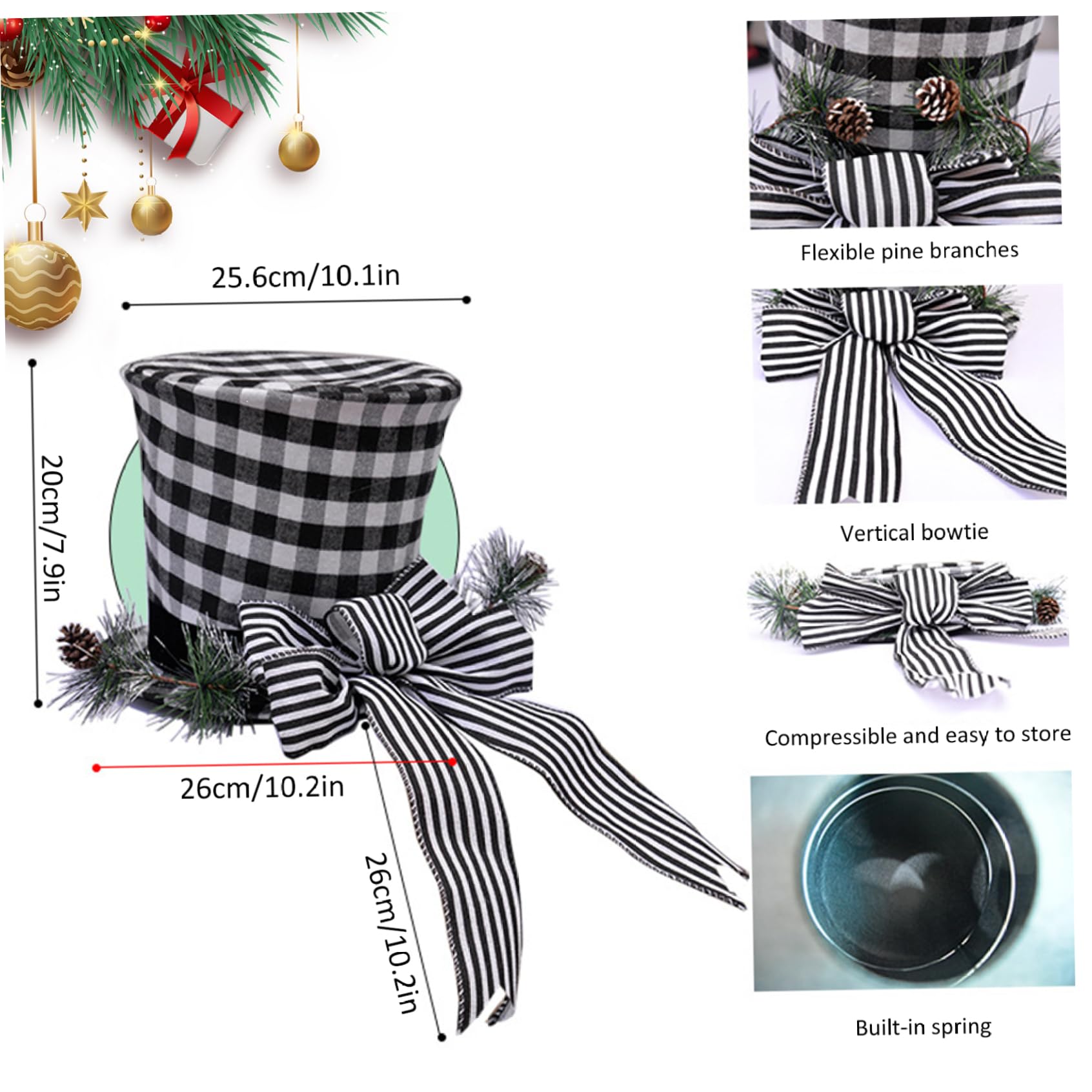 Jorzer Chapeaux de Noël pour sommet de sapin de Noël - Chapeau à carreaux noir et blanc avec nœud et ressort compressible - Ornements pour fête à la maison