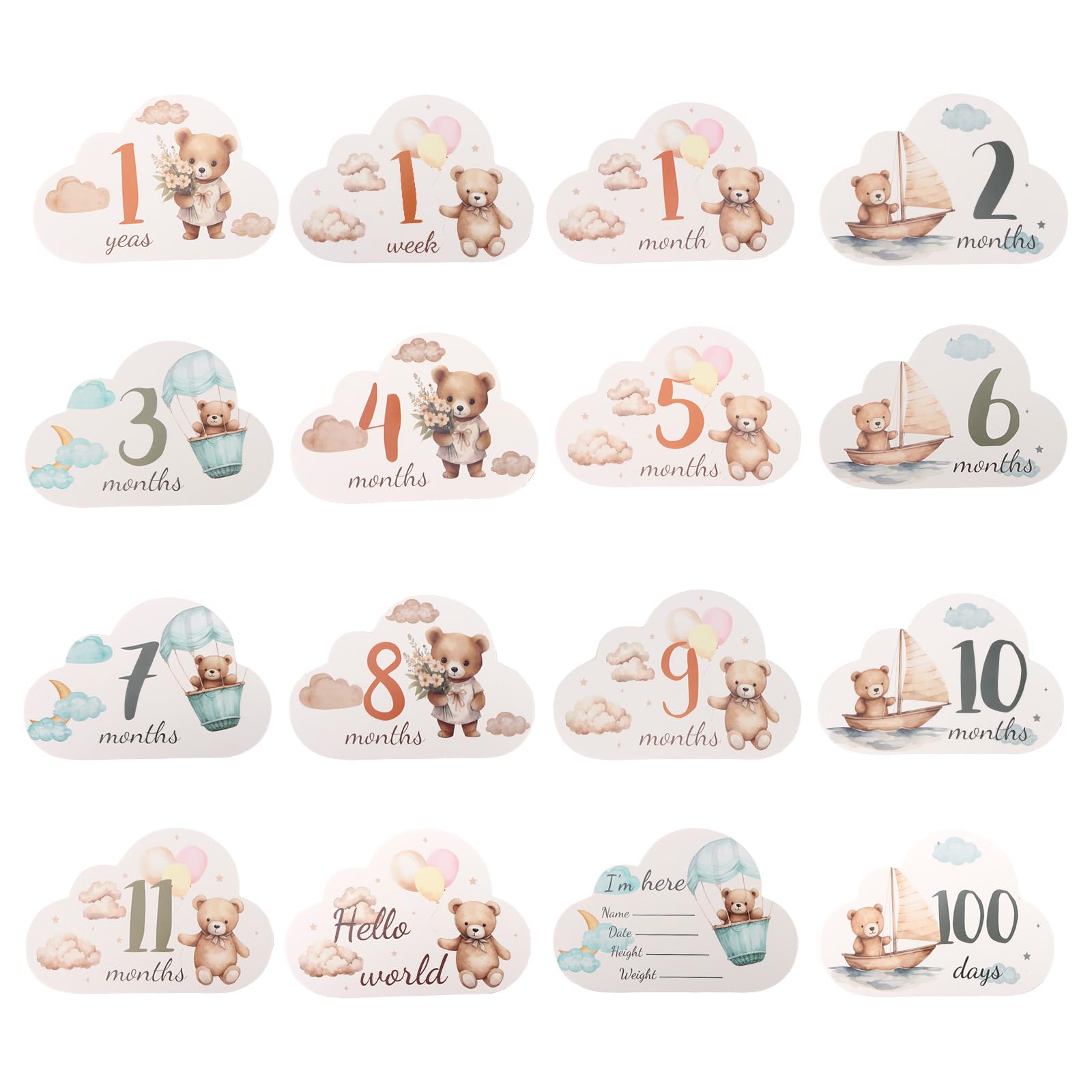 Padorul 16Pcs Bear Milestone Cards, Baby Monthly Milestone Markers, Cloud-Shaped Photo Props for Newborn, Gender Neutral Keepsake Cards for Growth Recording
