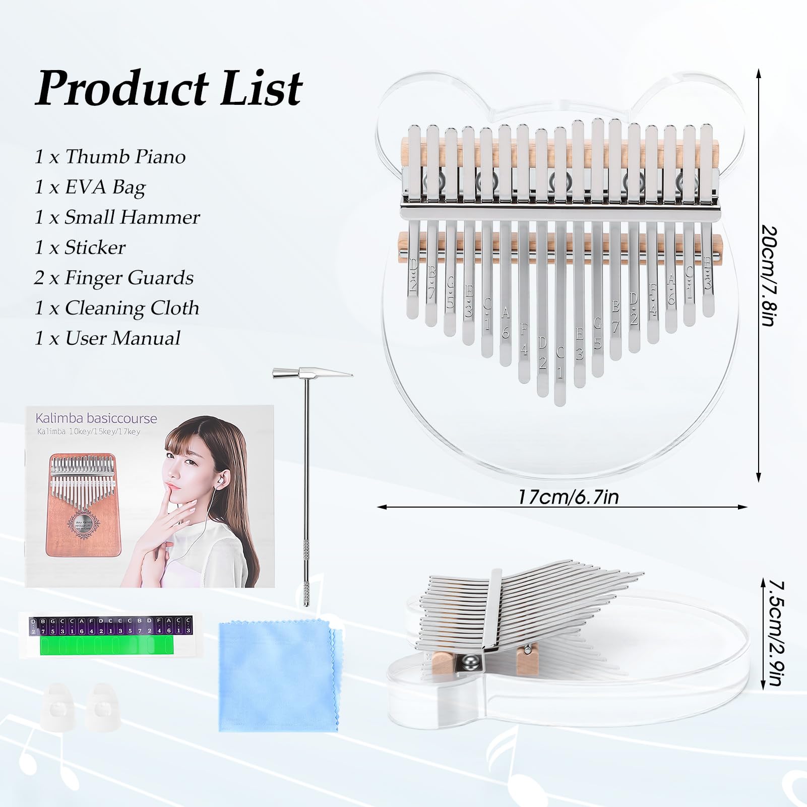 Kalimba Piano à pouce en acrylique 17 touches Transparent Instrument de musique Cadeau d'anniversaire pour adultes débutants Professionnel avec sac de rangement EVA, doigtiers, chiffon de nettoyage