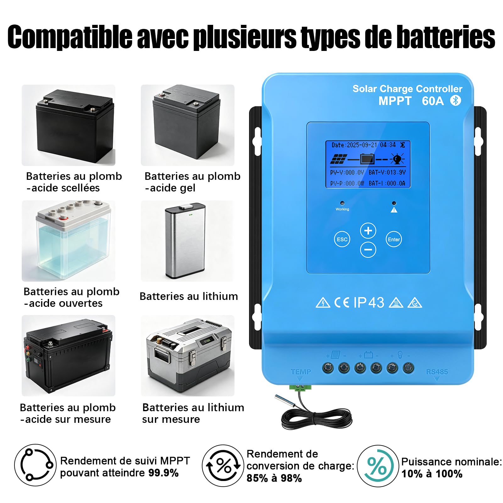 150V 60A Regulateur de Charge Solaire MPPT 12V24V48V96V Bluetooth Controleu