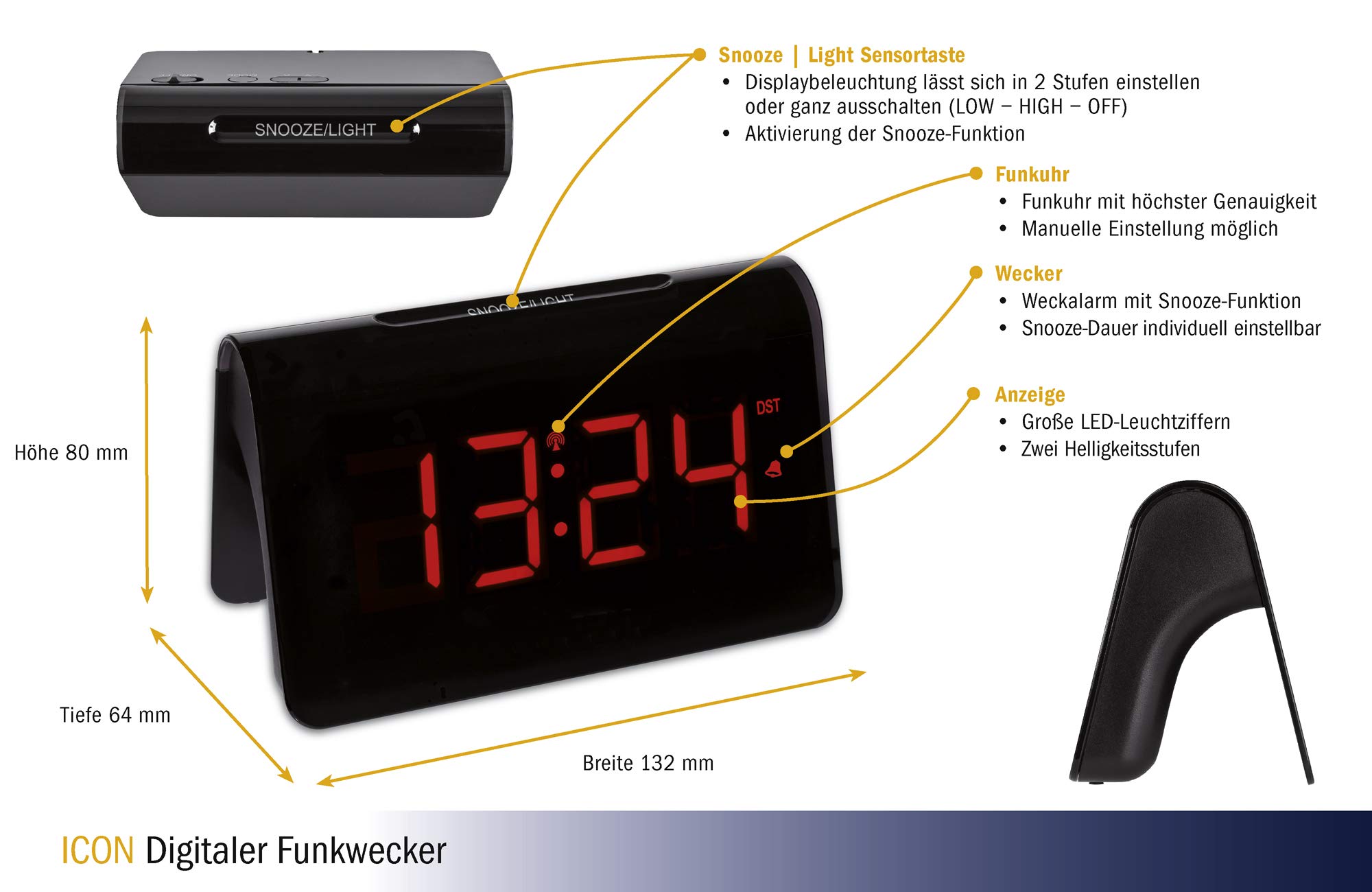 TFA Dostmann ICON 60.2543.05 Sveglia digitale radiocontrollata, in plastica, 132 x 64 x 80 mm, colore nero