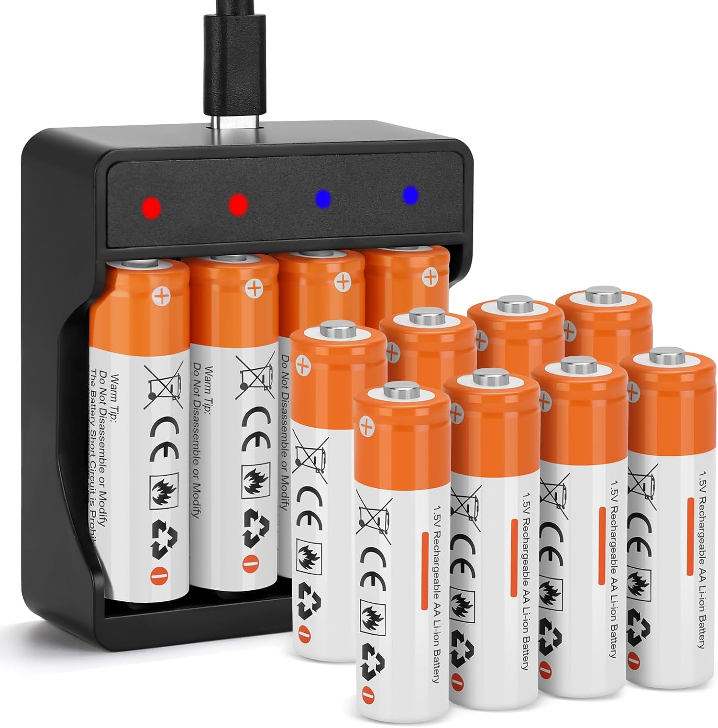 12 Pack Rechargeable 1.5V AA Size Lithium Batteries for Blink Camera, Long-Lasting Double A Battery 2600mWh with 2H Fast Charger