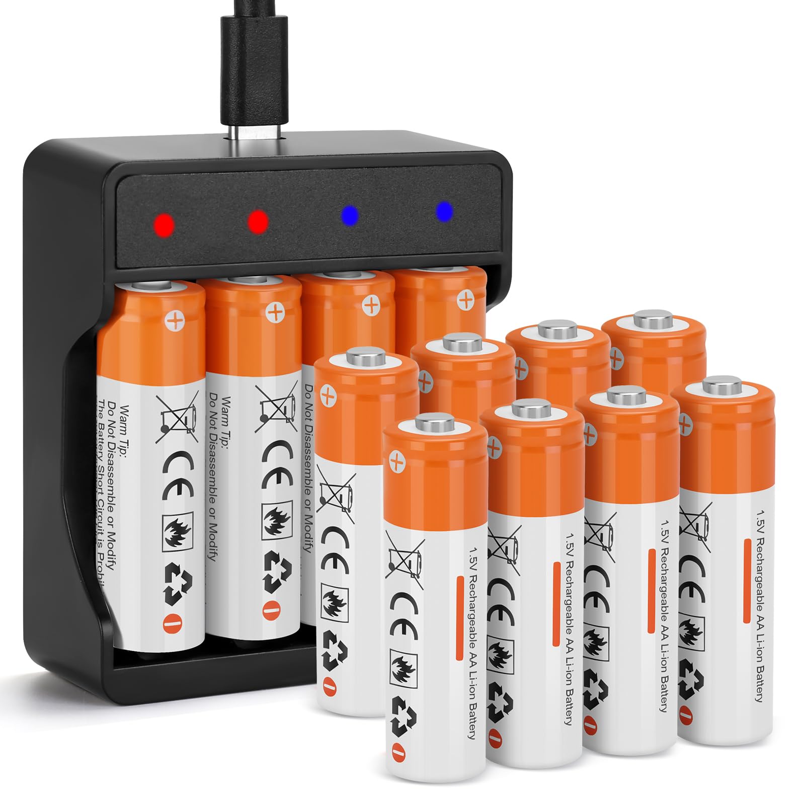 12 Pack Rechargeable 1.5V AA Size Lithium Batteries for Blink Camera, Long-Lasting Double A Battery 2600mWh with 2H Fast Charger