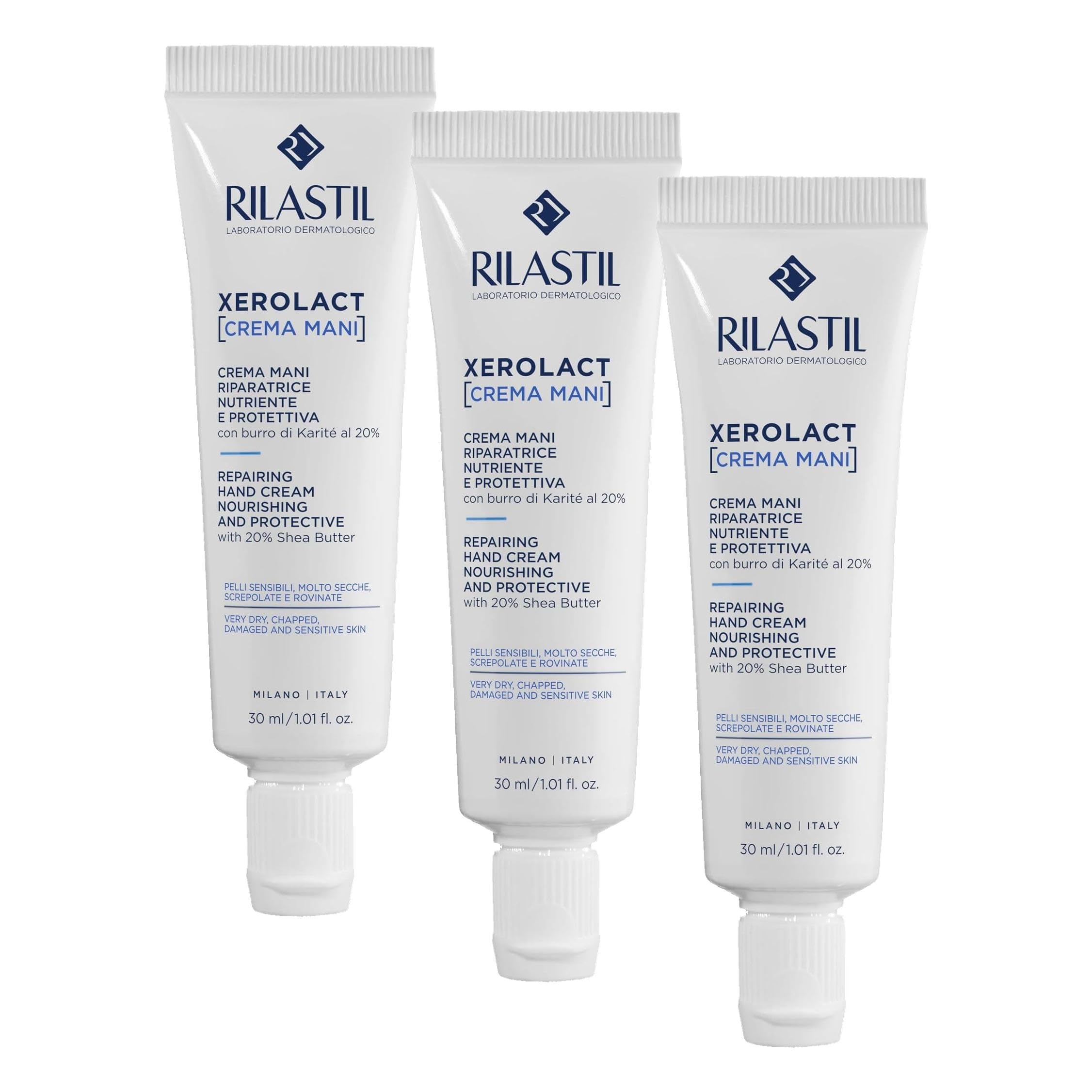 Rilastil Xerolact Crema Mani Riparatrice, Trattamento Restitutivo, Nutriente e Protettiva con Burro di Karité per Pelli Sensibili, Molto Secche, Confezione da 90ml