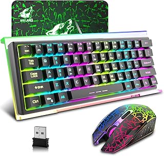 60% Wireless Gaming Keyboard Mouse Combo Set 2.4GHz Rechargeable 3800mAh 61 Keys Rainbow LED Backlit Compact Keyboard + 2400DPI Rainbow LED Silent Mouse +Tilted Acrylic 366 Backlit Keyboard Stand