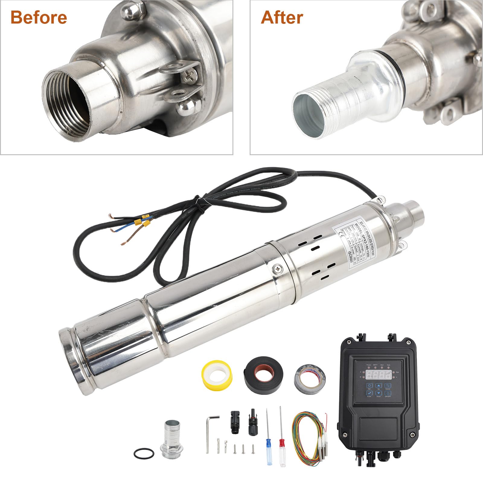 Topteng 3" 72V 1.2KW Deep Well Solar Submersible Bore Hole Water Pump, 180M Head, 2000L/H Flow, Brushless DC Motor, MPPT Controller, Stainless Steel Body, Apto para Solar Panels 6X 200-300W