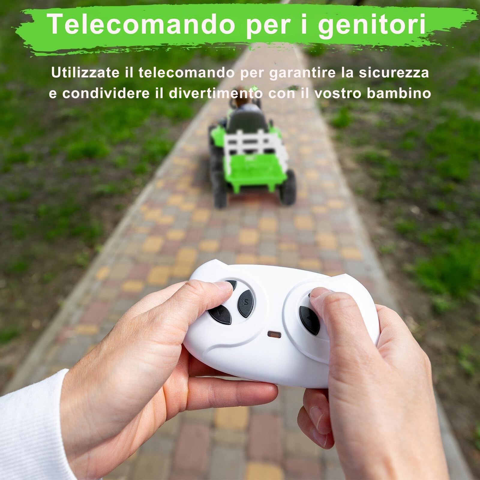 LALAHO trattore elettrico per bambini 12V con luci a LED, trattore telecomandato, musica, 3-8km/h, rimorchio staccabile (Verde chiaro)