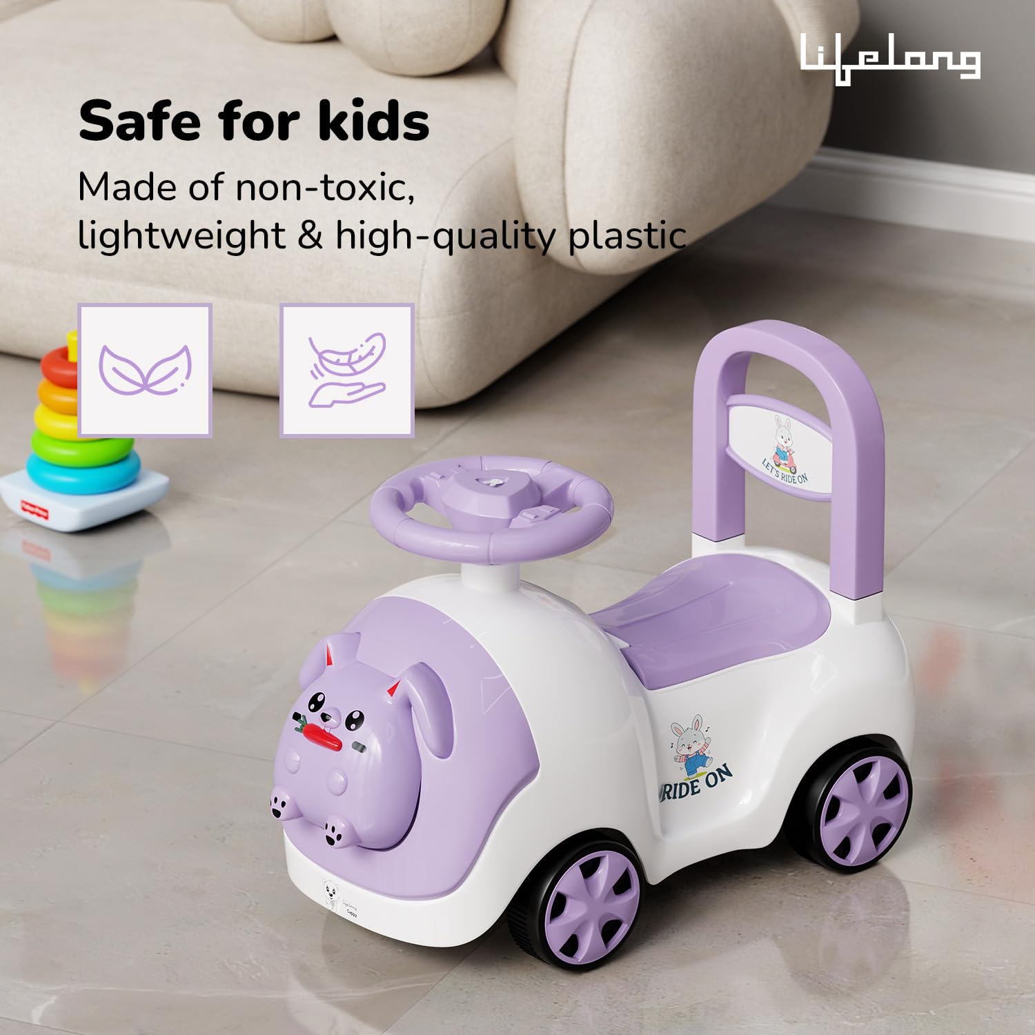 Lifelong Bunny Manual Push Ride-On Toy Car with Back Support for Boys & Girls 1-4 Years, Distraction-Free, Non-Musical, Easy Installation, 50kg Capacity, Steering Wheel, Storage, Indoor Outdoor Fun image 4