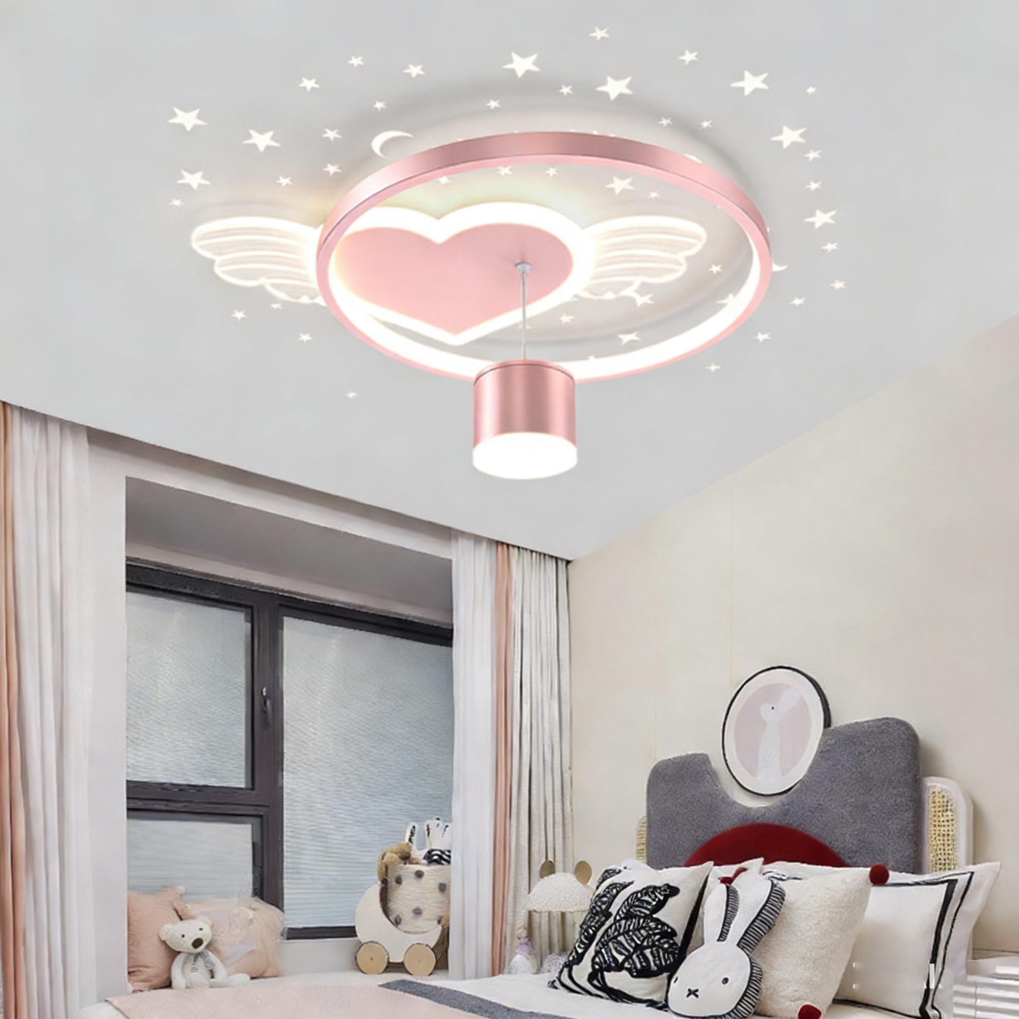 LED-Dachstoffleuchte 45W Angel Wing Heart Form Moderne Kronleuchter Unbegrenzte Dimmung 3000K-6500K Mit Fernbedienung Rosa Licht Für Schlafzimmer Restaurant Kinderzimmer