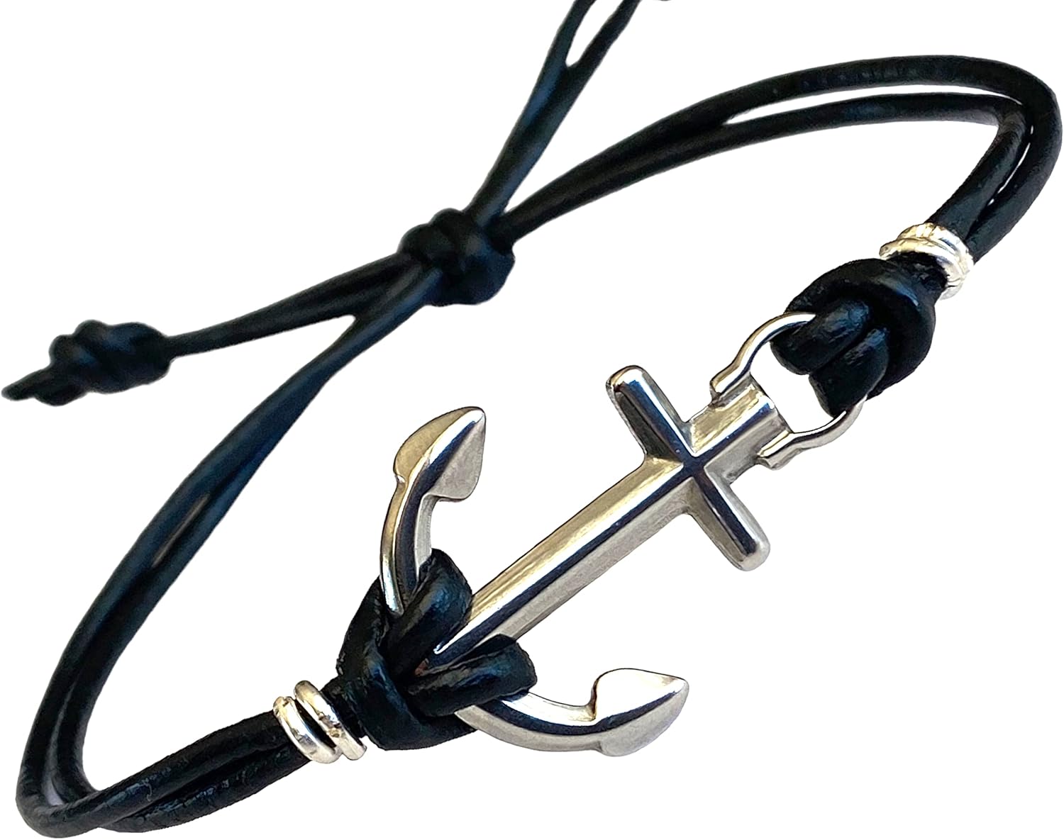 Mens Anchor Bracelet Adjustable Leather Cord Nautical Jewelry Silver Charm Faith Hope Bracelet Handmade Gift for Him Husband Boyfriend Dad