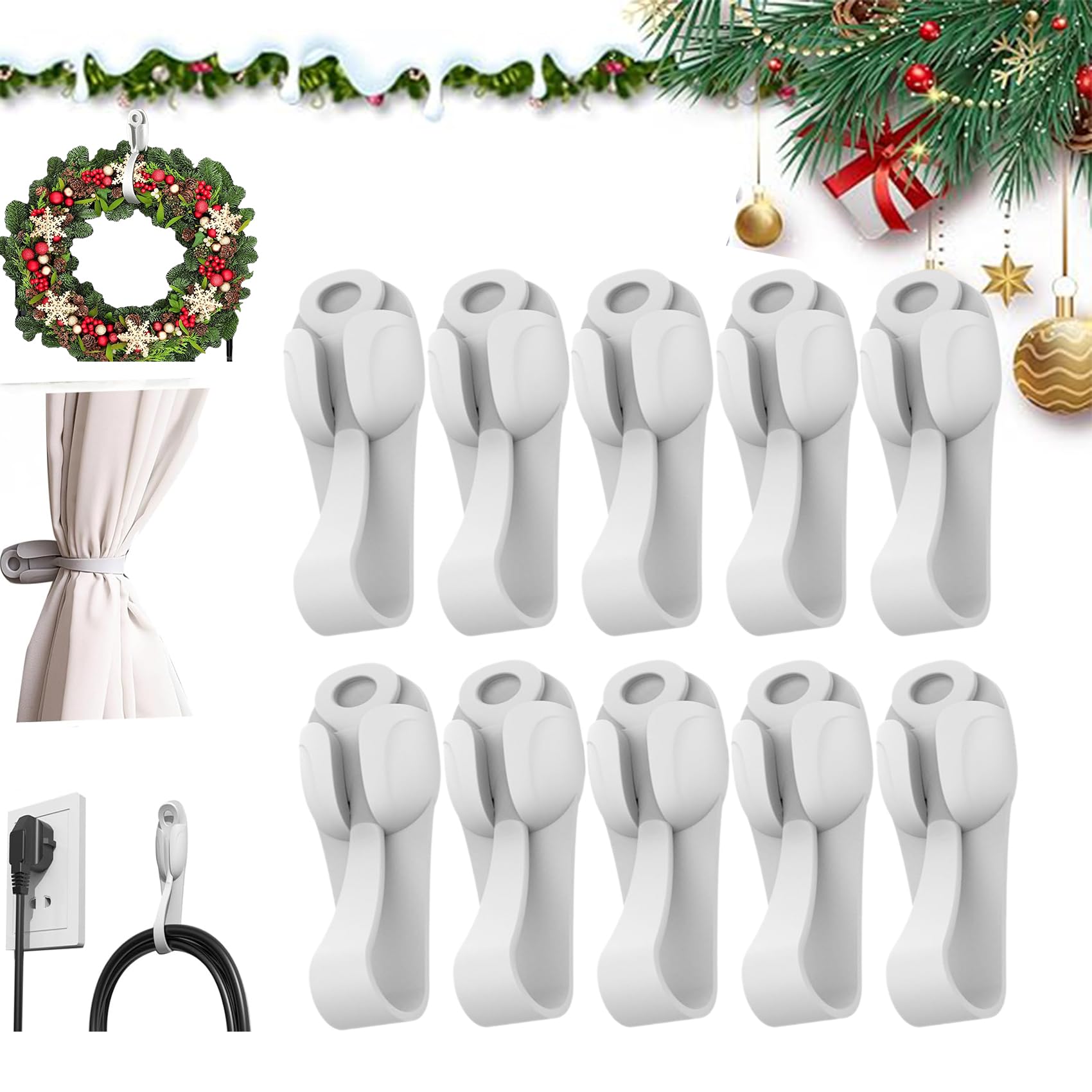 Zhkvag White Wall Mounted Punch-Free Adhesive Removable Cord Holder Organizer, Command Cord Bundlers For Garland,Cord Organizer For Appliances,Damage Free Hanging Cord Organizer,Adhesive Cable Clips (10,)