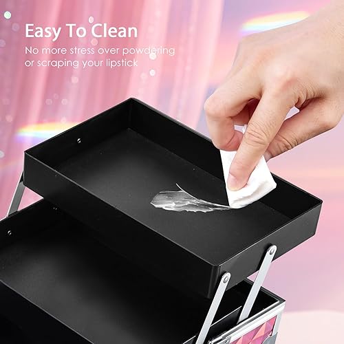 Miniatura 6 de Estuche de maquillaje con espejo iluminado, caja organizadora de maquillaje de viaje, 2 bandejas con cerradura y espejo LED móvil para niñas, kits