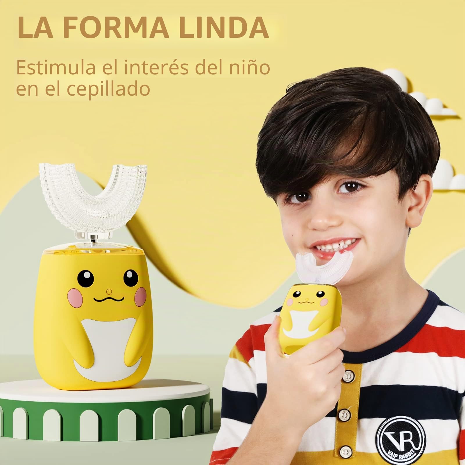 Cepillo de dientes eléctrico en forma de U para niños con 4 cabezales de cepillo, diseño de dibujos animados, cepillo de dientes sónico automático para niños de 8 a 15 años