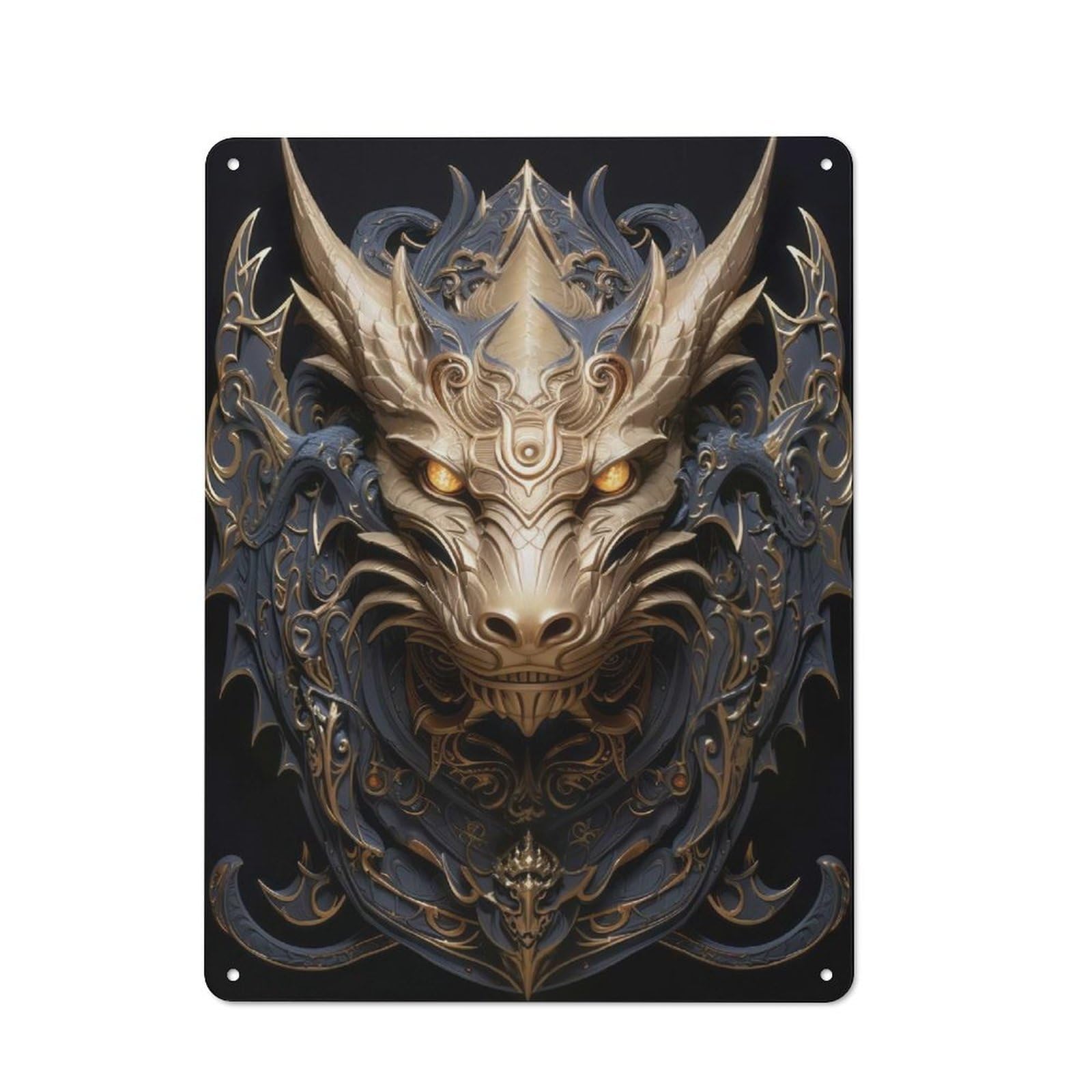 Junmoney Style-7 Golden Dragon Crest Workshop Style Metal Wall Decor 40X30cm, Decorative Metal Plaque For Garage, Hobby Room, Office Or Man Cave