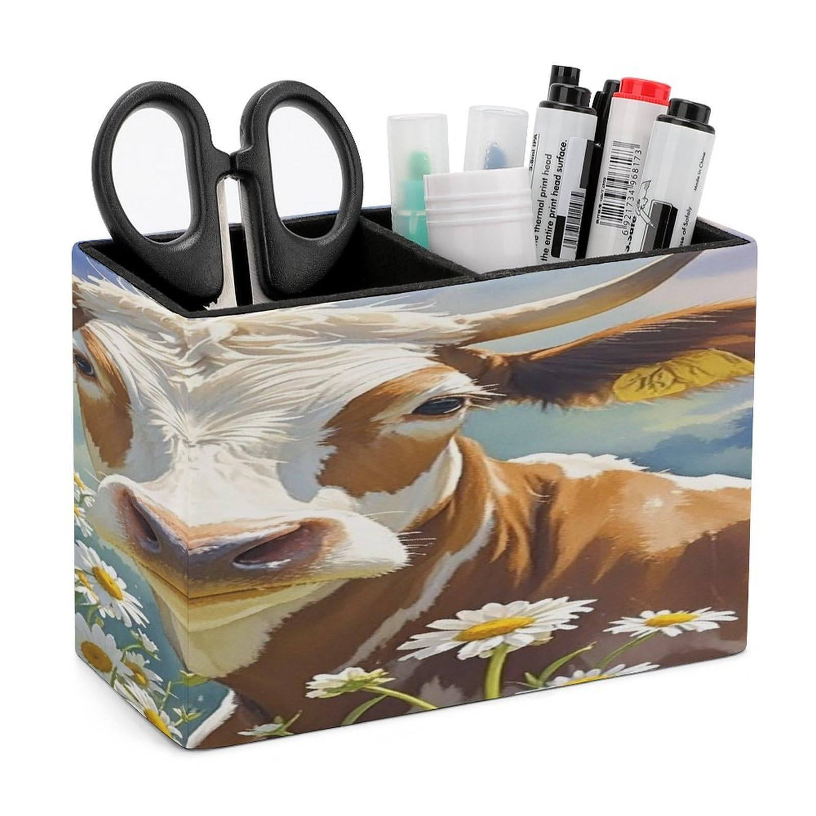 LZQPOEAS Watercolor Cow And Daisy Flower Leather Pen Holder with 2 Compartments Luxury Pencil Holder Minimalist Pencil Cup Brush Scissor Holders Elegant Pen Cup for Office Home Desk Accessories