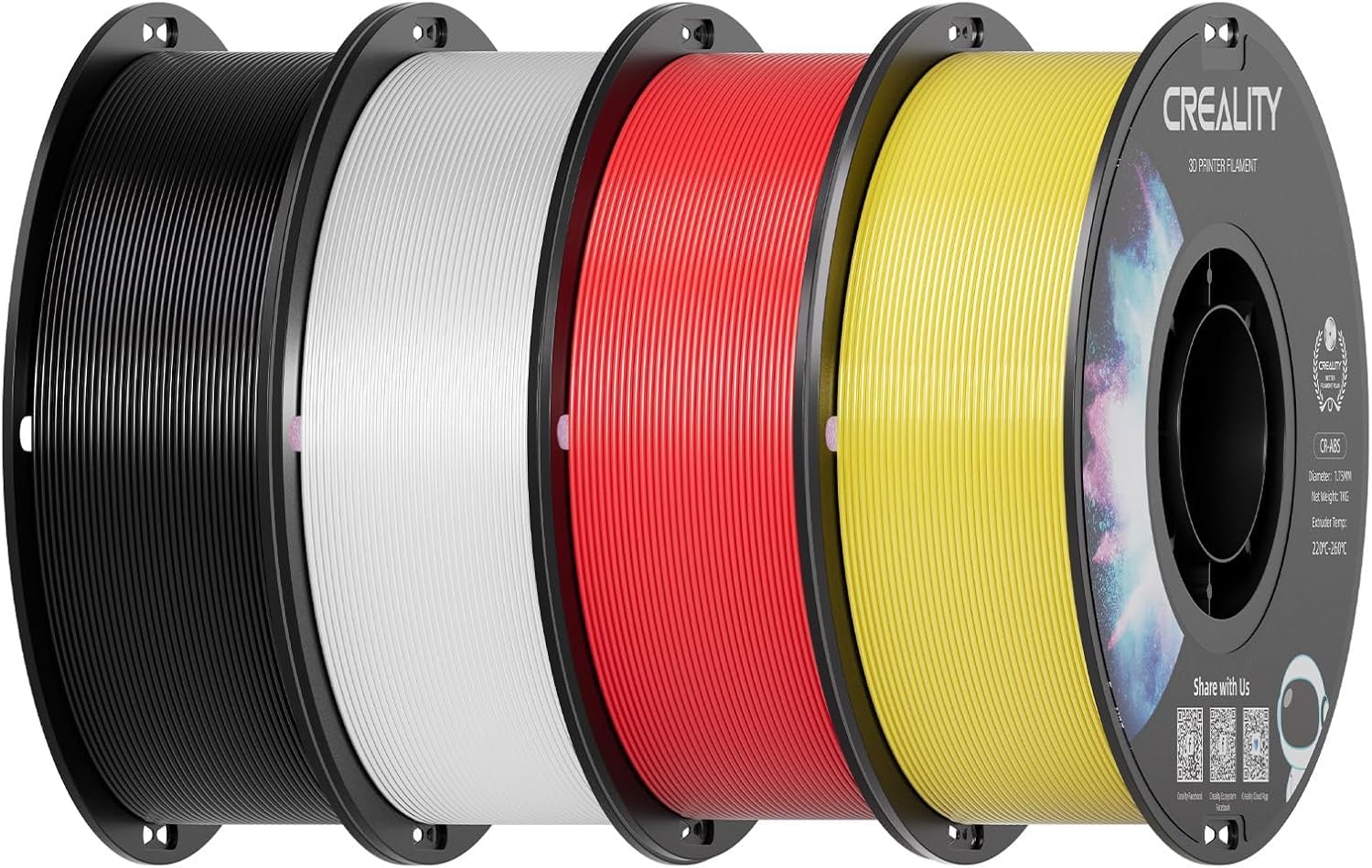 Creality Filamento ABS da 1,75 mm, robusto filamento per stampante 3D ad alta resistenza, inodore e atossico, indeformabile e resistente agli urti, bobina da 4 kg, nero, bianco, rosso e giallo