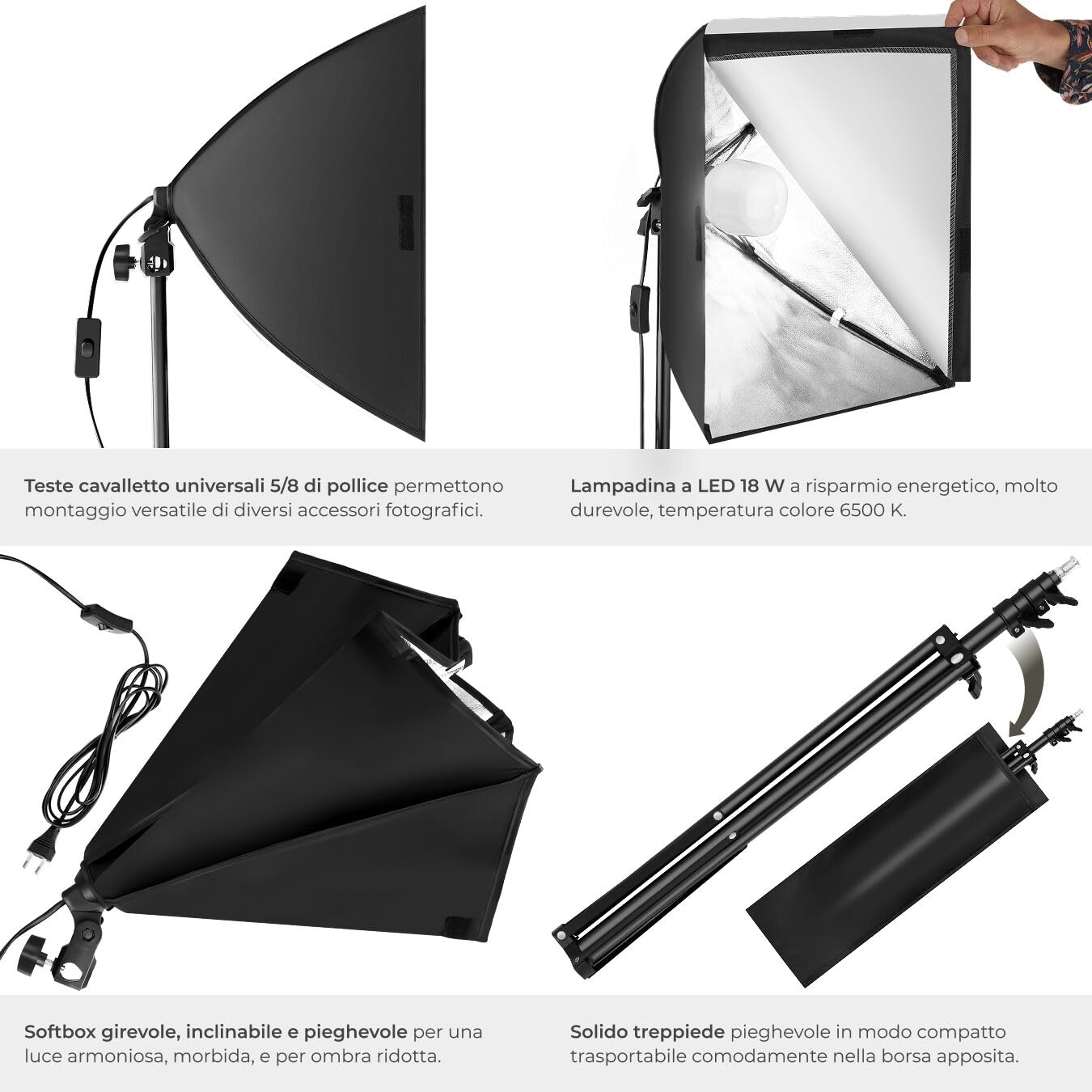 tectake® Luci da Studio Fotografico, Set Fotografico Portatile, Luce per Foto, 1 Stativo per Luci, 1 Lampada, 1 Softbox, Supporto in Alluminio, 1 Borsa per Trasporto – Nero