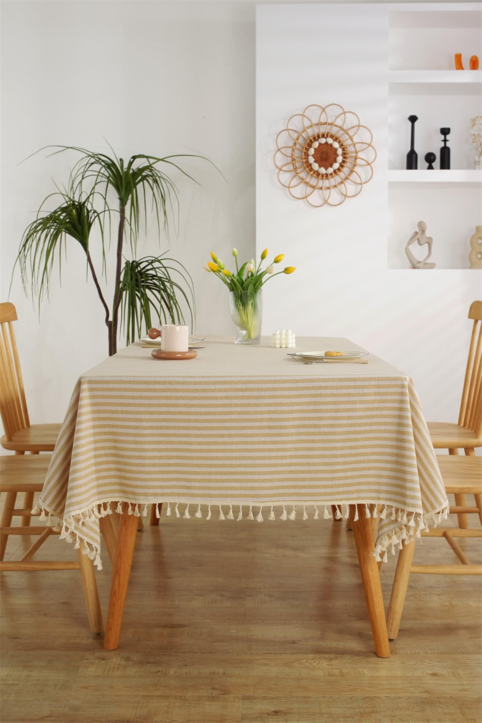 Daesar Mantel Mesa Rectangular Cocina,Mantel Poliéster Algodón Antimanchas Rayas con Borlas Mantel Color Caqui,140x180CM(71x55Inch)