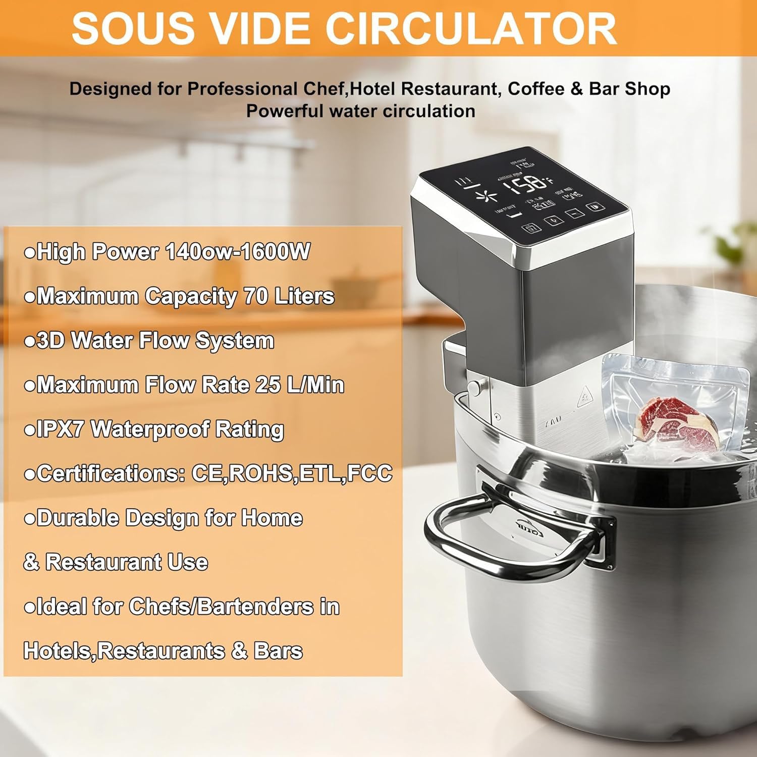 Macchina per cottura sottovuoto da 1600 W, pentola professionale impermeabile IPX7, touchscreen LCD e timer, circolatore a immersione a 360°, ultra silenzioso da 15 dB, acciaio inossidabile