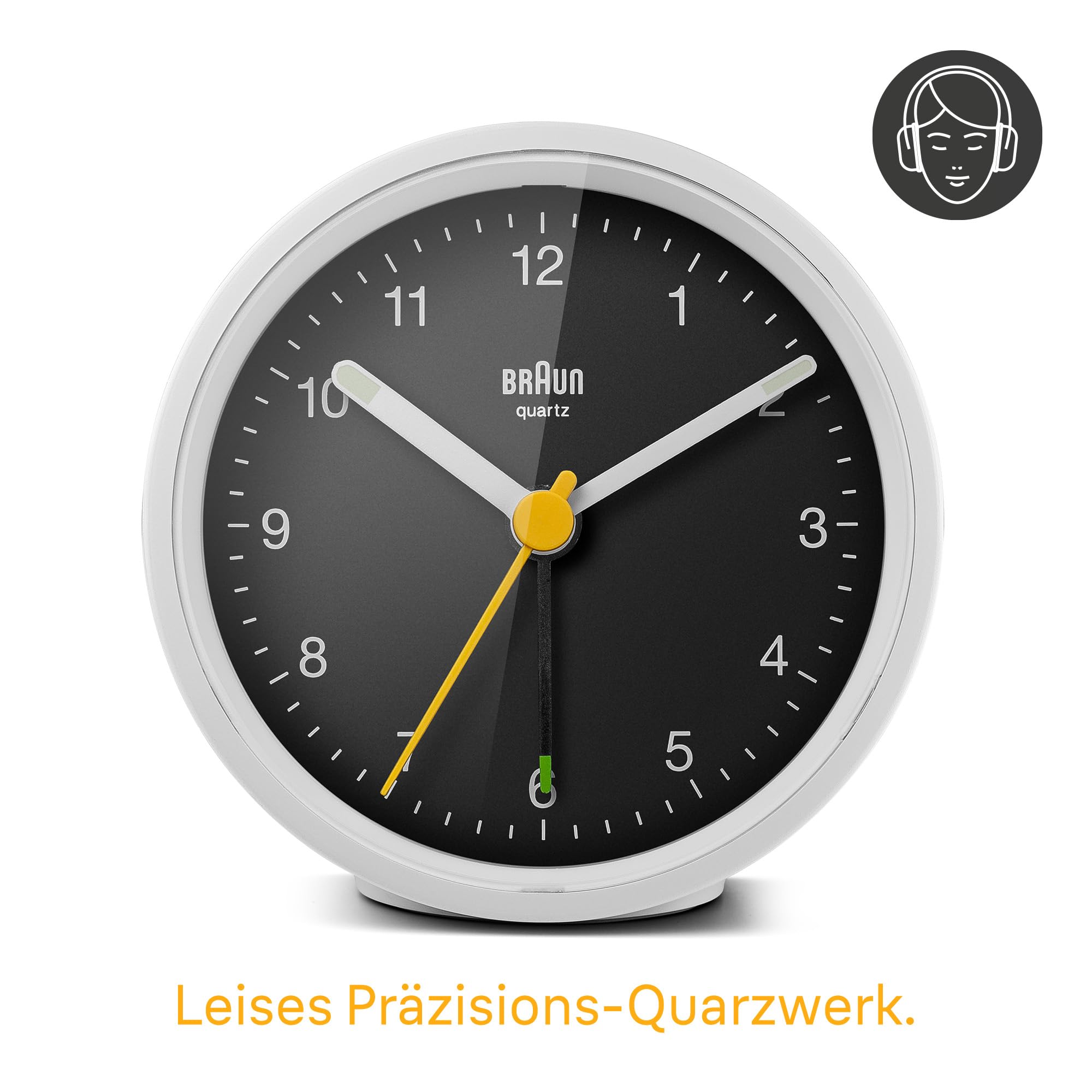 Braun Klassischer analoger Wecker Schlummerfunktion und Licht, ruhiges Quarzuhrwerk, Crescendo-Alarm in Weiß und Schwarz, Modell BC12WB.