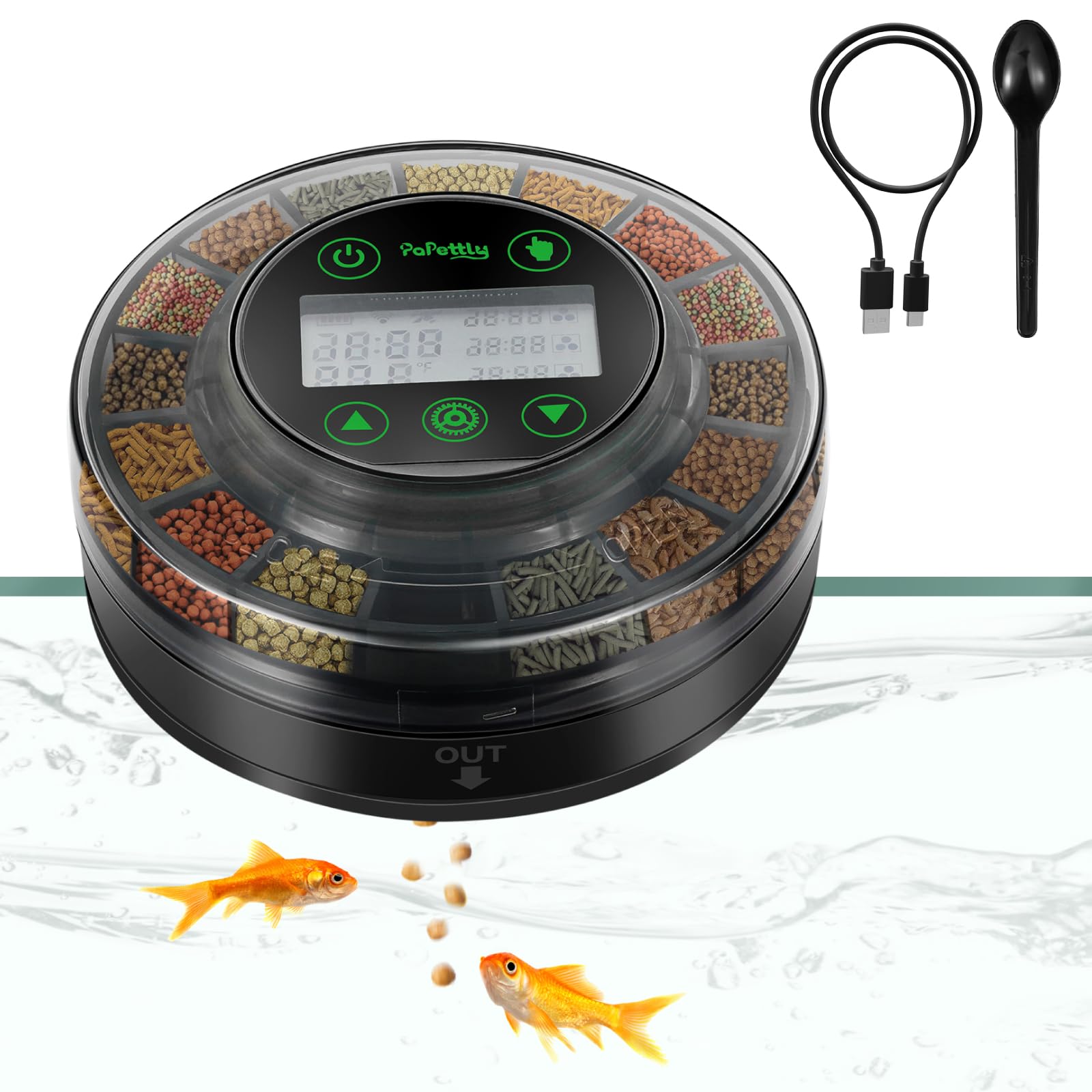 Papettly Mangiatoia Automatica Acquario - Distributore Automatico Cibo Pesci per Acquario per Rossi e Tartarughe con Cavo USB e Display LCD, Mangiatoia Pesci con Timer e Cucchiaio per Pesci