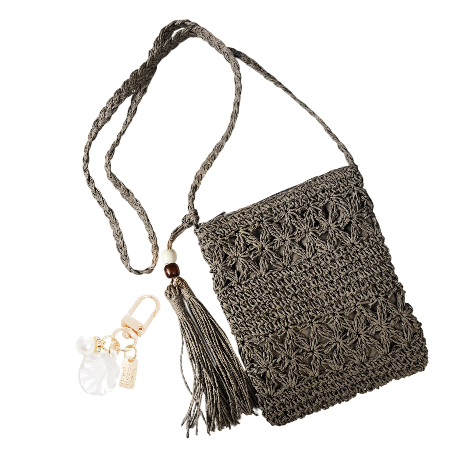 YSDYY 1 x bolso cruzado de un solo hombro de paja para mujer, bolso cruzado de playa para todo el verano, bolso de ocio con borla, 1 x colgante de accesorio de concha de playa con hebilla