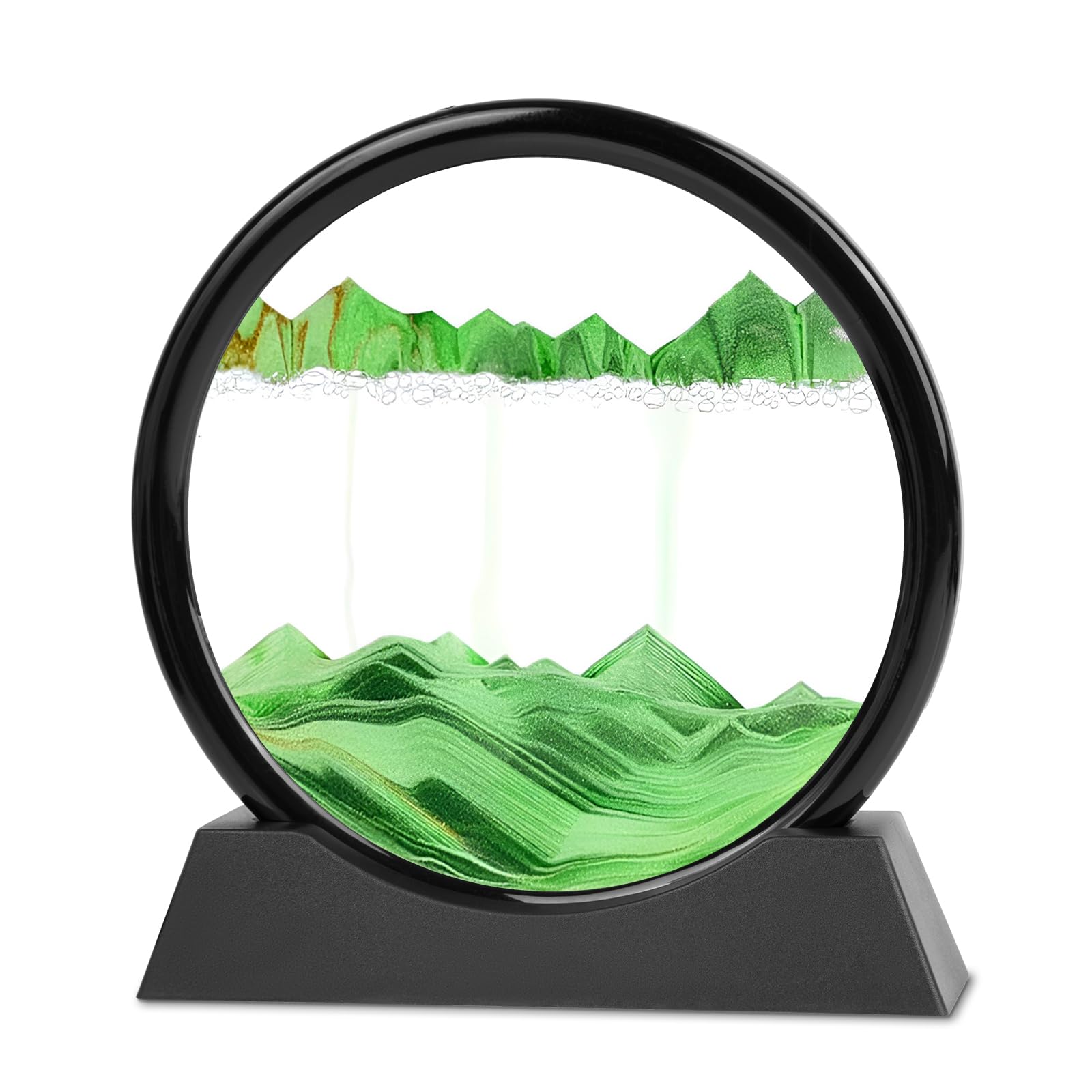 Meeitec Moving Sand Art, 3D Liquid Motion Deep Sea Sandscape Color Quicksand Decor, Round Glass Flowing Sand Art Sandscapes Picture, Relaxing Desktop Home Office Work Decor, 7 inch Green