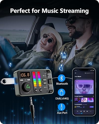 Miniatura 5 de LENCENT Adaptador Bluetooth para automóvil, transmisor de radio FM Bluetooth 5.3 con reproductor de música de agudos y graves de alta fidelidad,