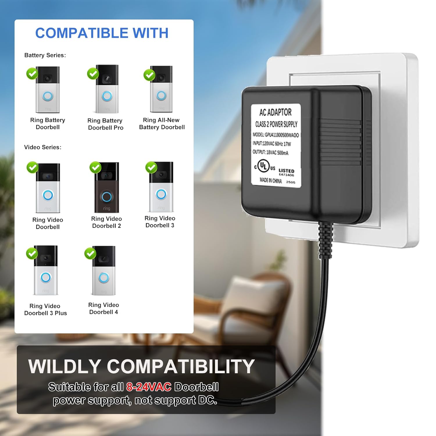 AC 18 Volt Transformer Compatible with All Versions of Ring Doorbell, UL Listed C Wire Adapter, 29.5Ft Long Cable (1P-Black)
