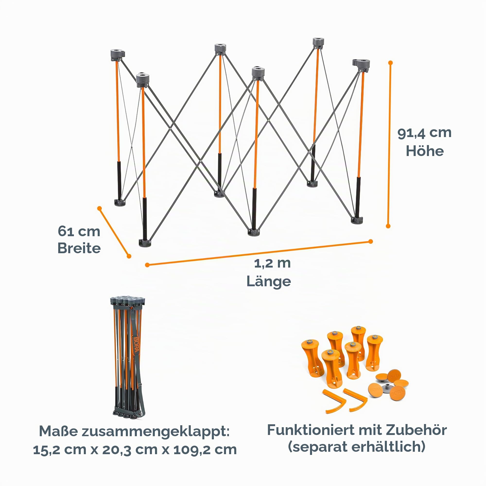 Bora Centipede 91,4 cm hoher werkbank klappbar mit Tragegurt, zusammenklappbare Werkbank, Bautisch, 61 x 122 cm,1,1 kg Tragkraft, Orange/Schwarz