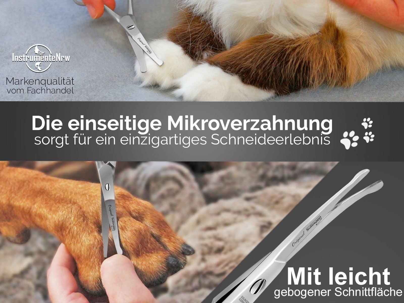 Fellschere aus Solingen Hunde Haarschere Pfotenschere mit einseitiger Mikroverzahnung Made in Germany Hundeschere mit gebogener Schnittfläche für die Fellpflege von Hunden Katzen Haustieren (11,7 cm)