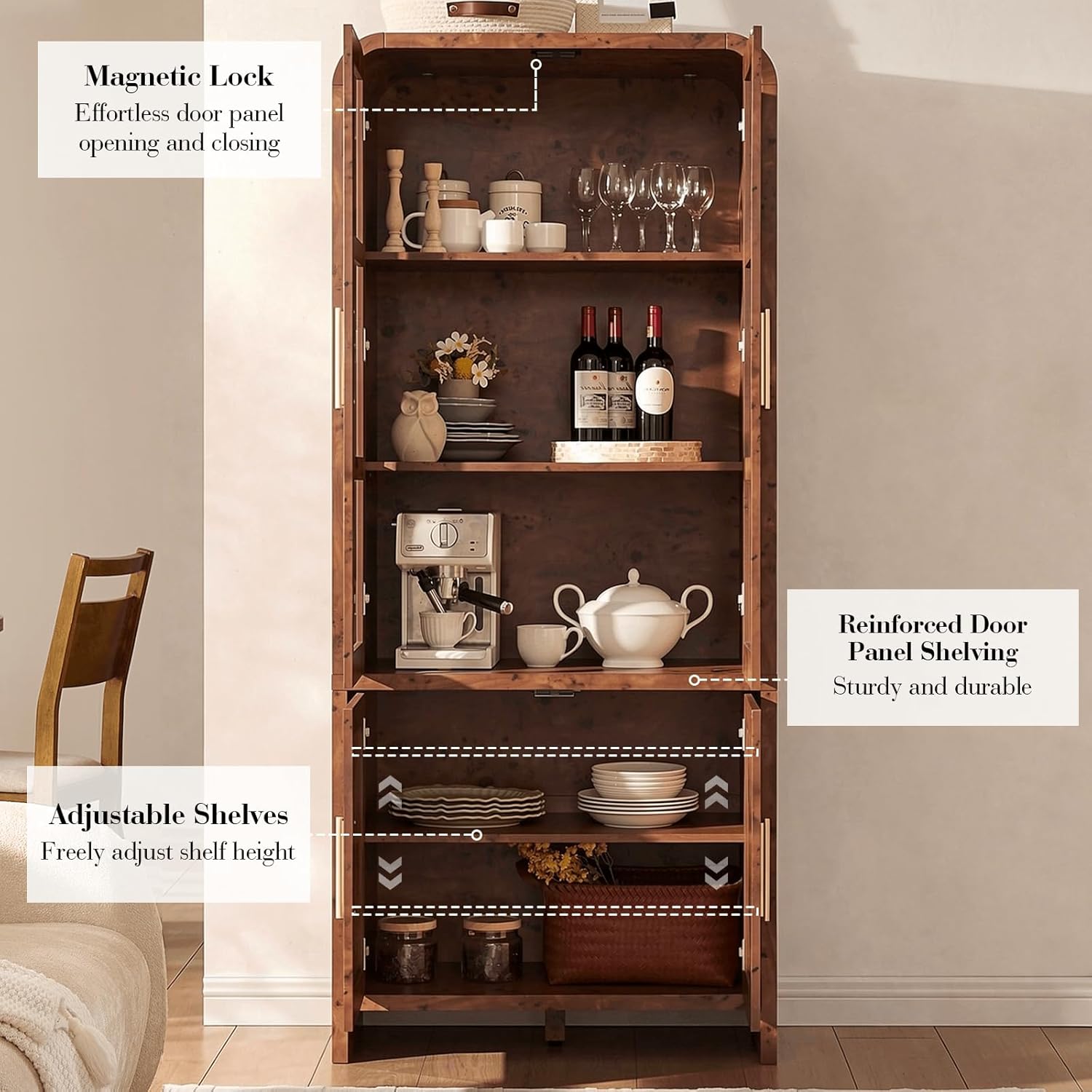 77" Tall Kitchen Pantry Cabinets, Wooden Curved Storage Cabinets with 2 Adjustable Shelves, 1.18'' Panel Freestanding Cupboard for Dining Room, Living Room, Bathroom, Dark Burl, 1Pcs