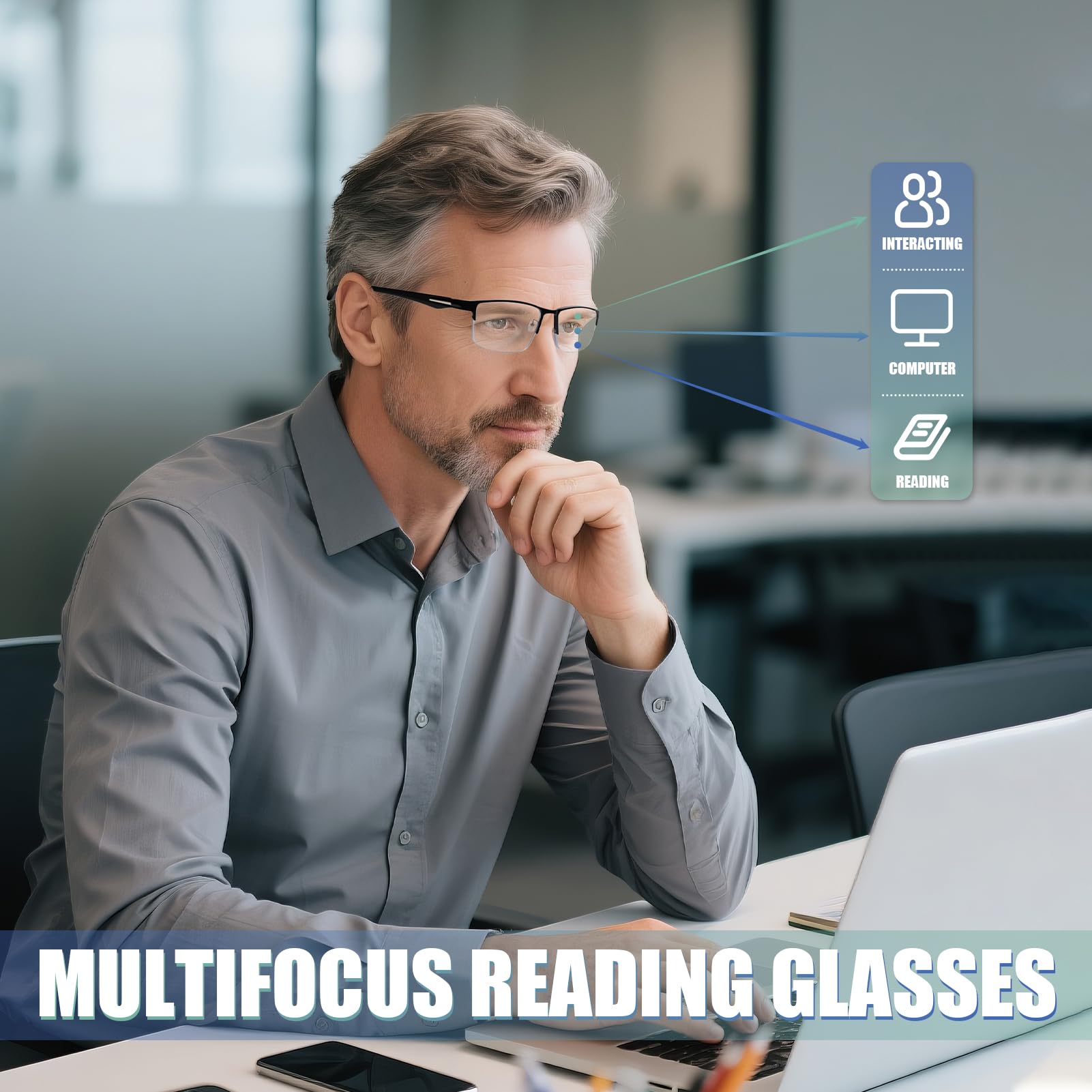 2 Stück progressive Multifokal-Lesebrille für Herren, TR90-Metallrahmen mit halbem Rand, Multifokus-Computerleser