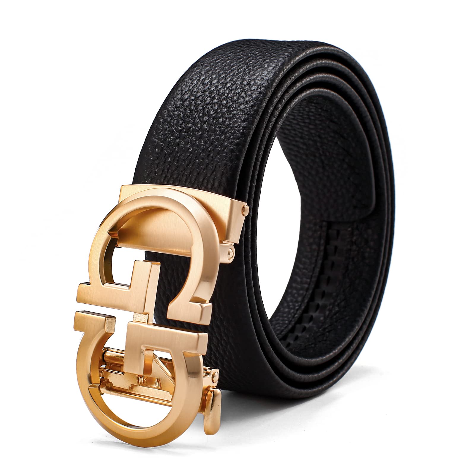 ARIMIA Fashion Diamond Men Real Leather Ratchet Belt Black Adjustable Length Full Grain Soft Genuine Cowhide Strap 1.5 Inch Wide (Gold Black G1, Adjustable from 26