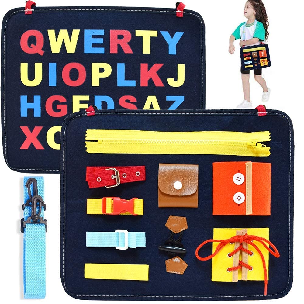 Maxxlite Toddler Busy Board, Montessori Toy for Develop Basic Skills,11 in 1 Learn to Dress Toy,Bag Design for Airplane or Car Travel,Multicolor and (1Nylon iPhone USB Charging Cables Free)