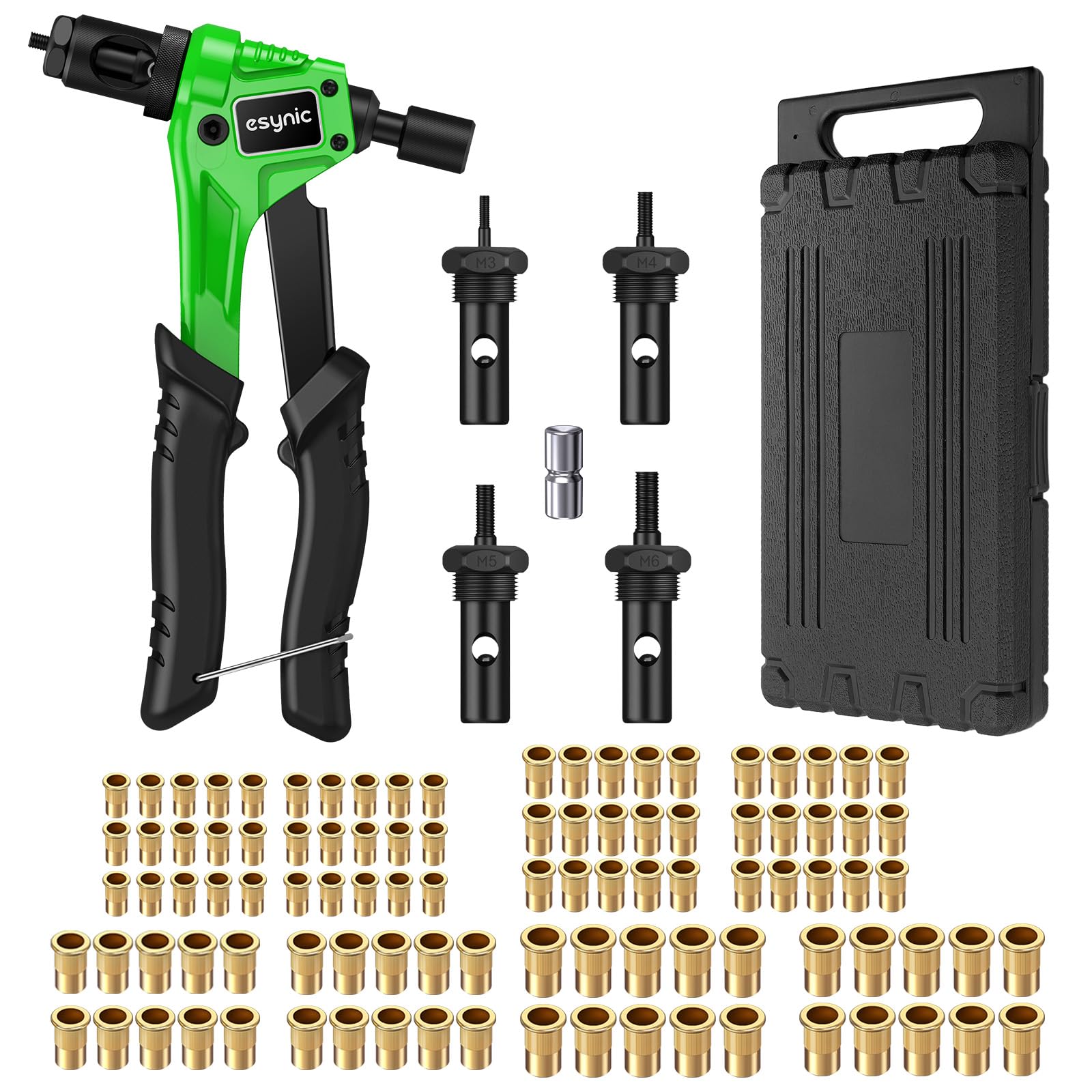 eSynic 8 "Remachadora de Tuercas, Pistola de Remachadora Manual con 100pcs de M3 M4 M5 M6 Tuercas de Remache y Un Estuche Resistente Herramienta Robusta y Ergonómica para Trabajos de Reparación Global Recycled Standard Global Recycled Standard Global Recycled Standard