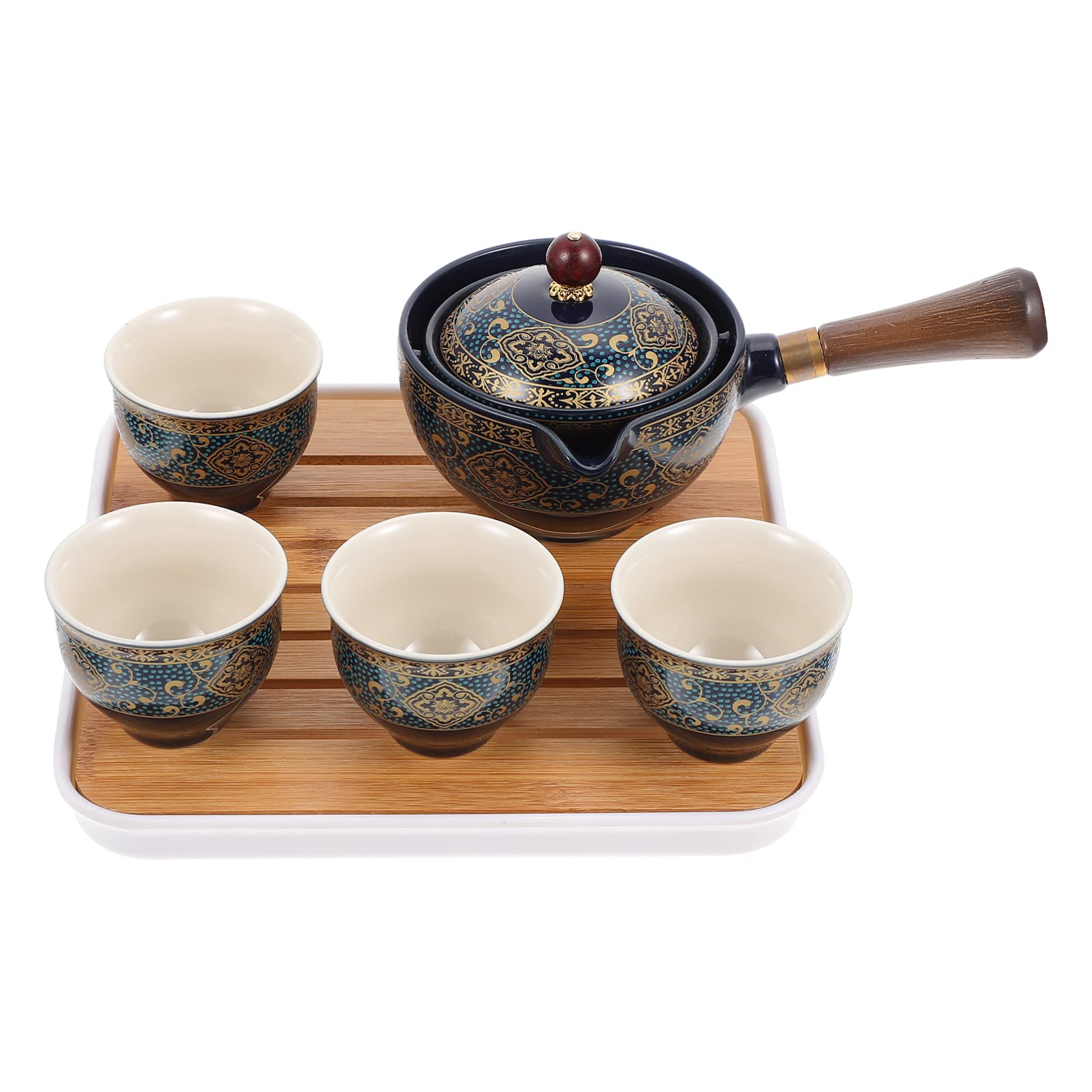PRETYZOOM Juego de Té Tetera de Cerámica de Kung Fu para Viaje y Hogar Portátil 4 Tazas y Filtro Interior Antiescaldante y Soporte de Madera