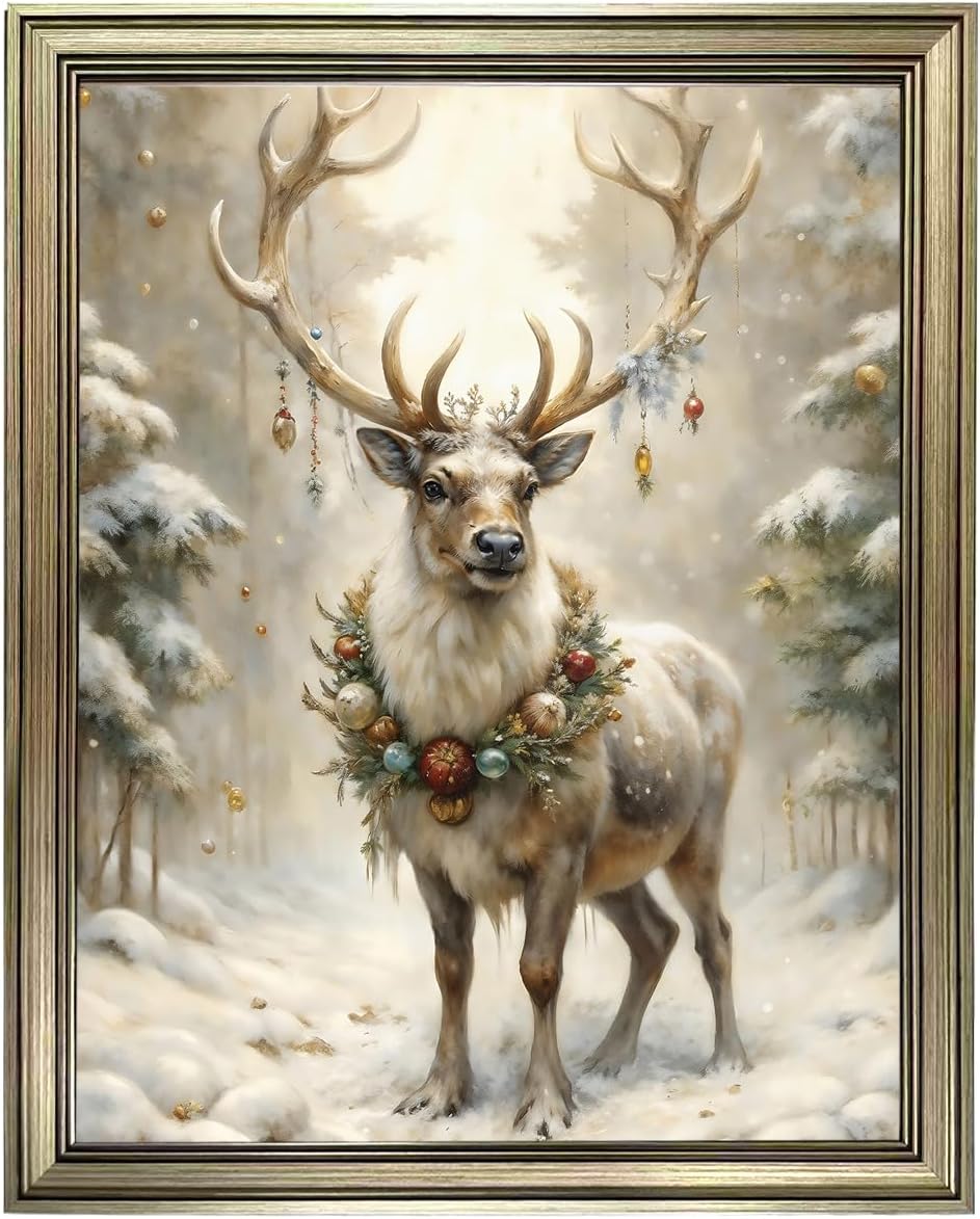 Vintage Framed Reindeer Wall Art Winter Canvas Print Home Decor Deer Picture Painting Christmas Decorations 10"L x 8"W Reindeer