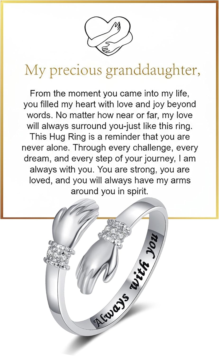 To My Granddaughter Hug Ring Hope Rings from Grandma, Adjustable Inspirational Stainless Steel for Granddaughter Non Tarnish Jewelry Gift for Birthday Christmas Engarved Always With You Message