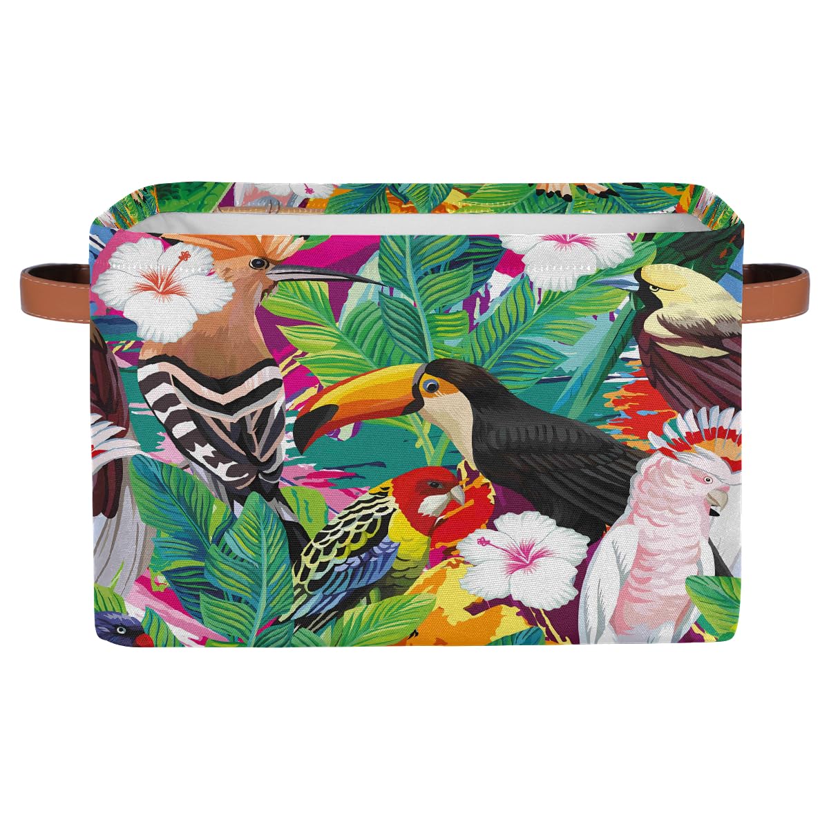 Mexpekil Parrot Toucan Tropical Flower Leaf Storage Basket Bin Fabric Cube Storage Boxes with Handles Large Collapsible Storage Organizer for Shelves, Clothes, Toys, 1 Pcs