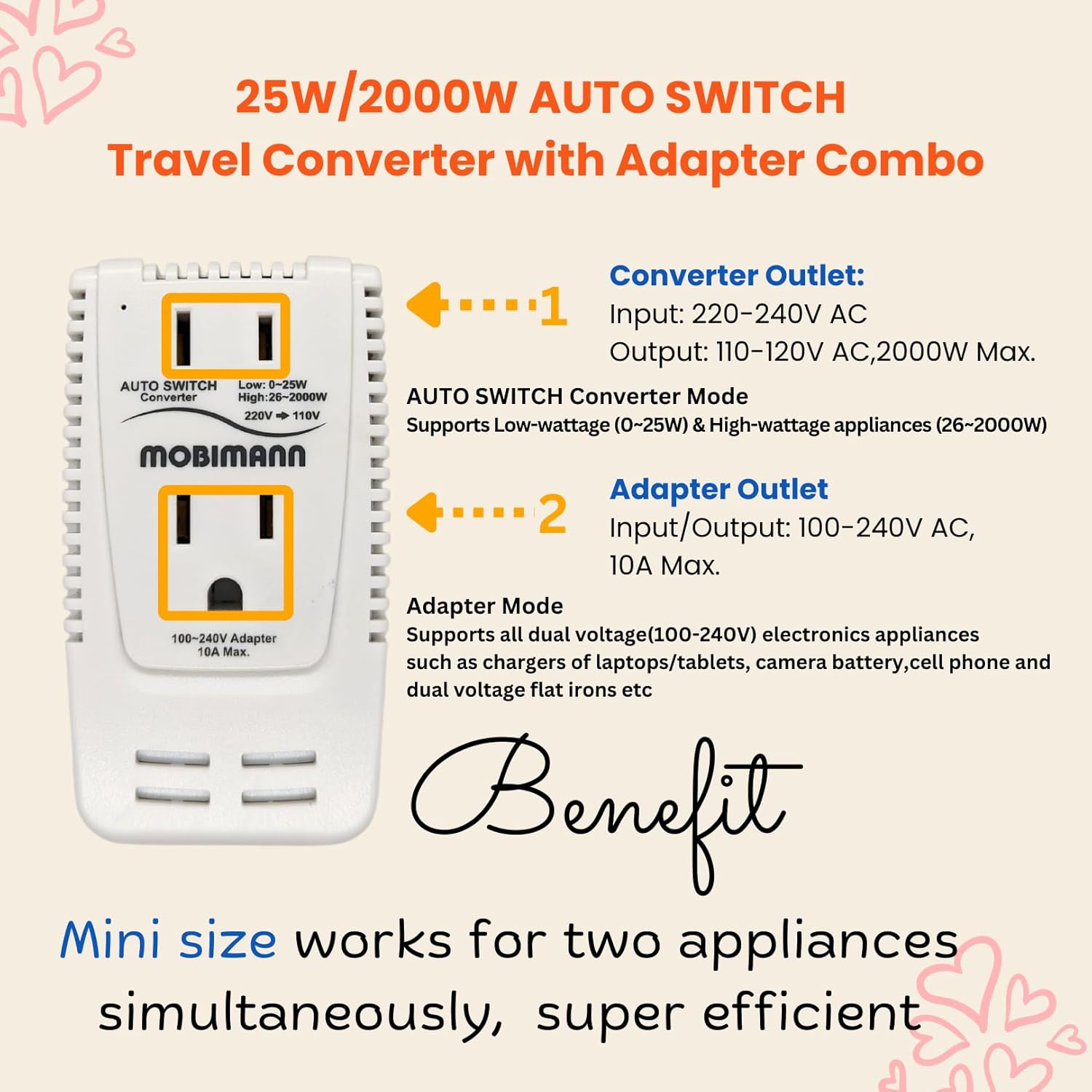 220V to 110V Converter, 2000W Step Down Voltage Converter, 0-2000W Wide Range for Devices from Trimmer to Dryer Straightener Curling Iron.UK,EU,AU,US Travel Adapter for Laptops,Tablets,Phones