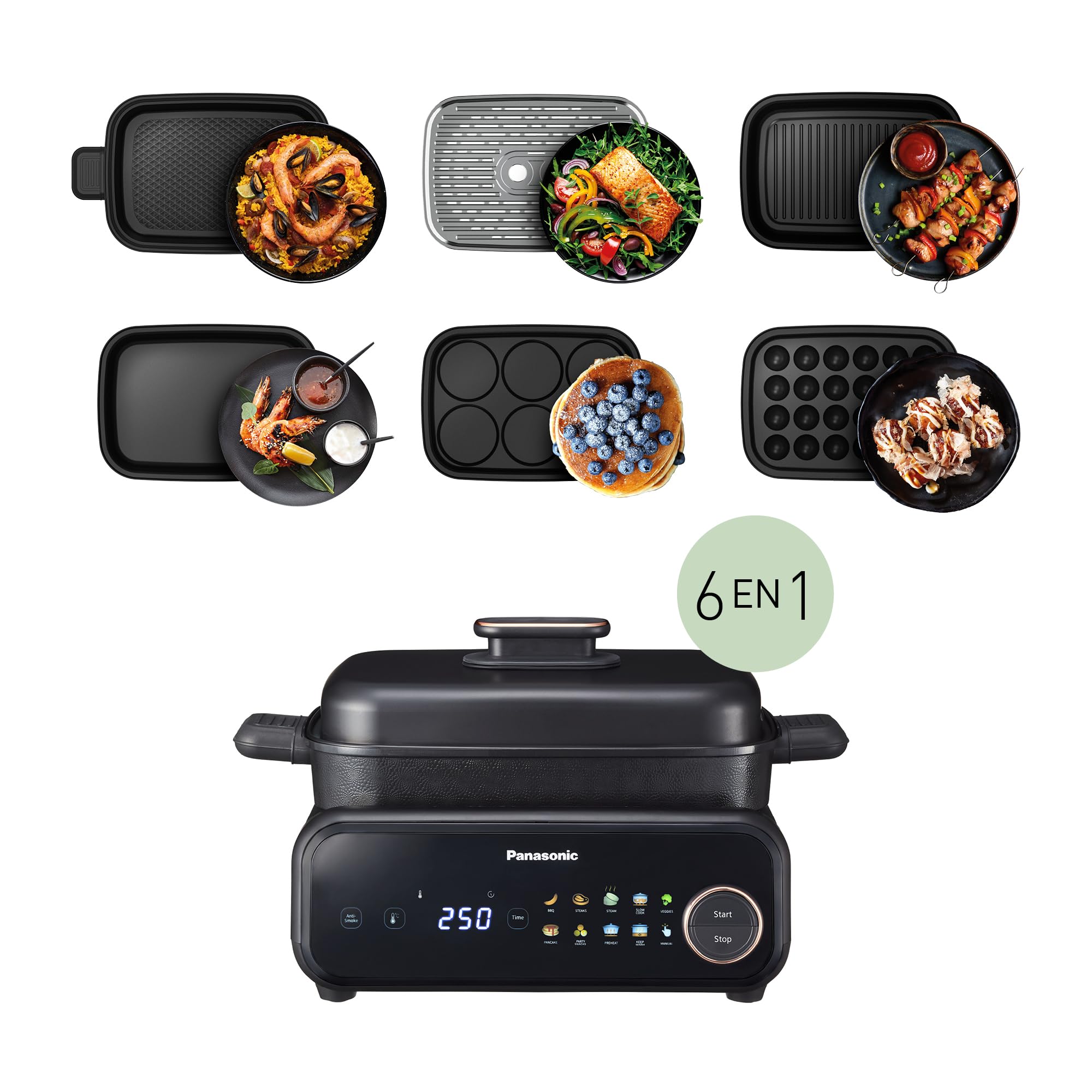 Panasonic NF-GM600 Multi Cooker 6 en 1, Grill Electrico, Freír, Cocción Lenta, BBQ, Vapor, Saltear, 1400W, 40–250°C, 9 Modos Automáticos, Extractor de Humo, Bandejas aptas para lavavajillas