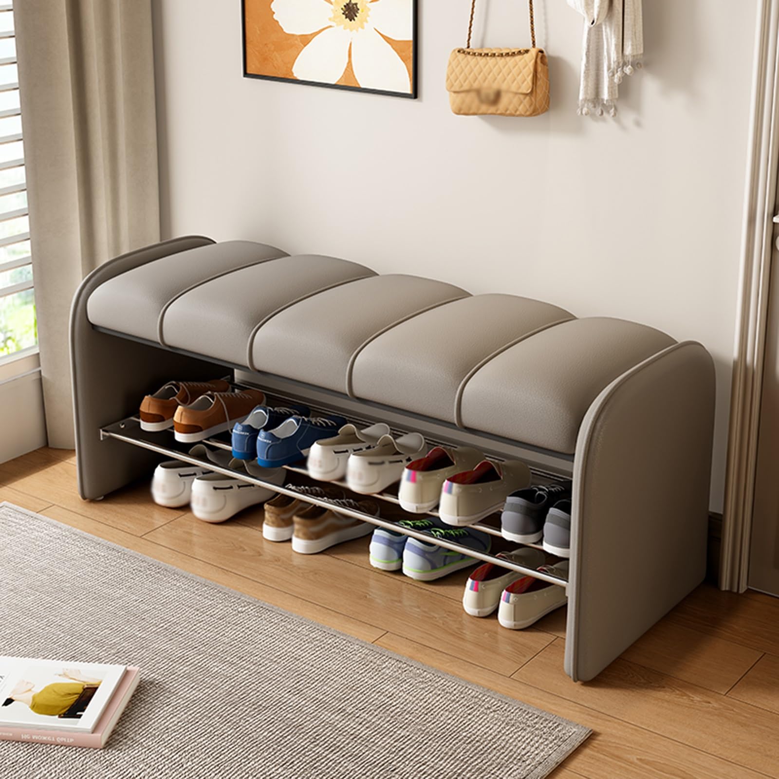 GHFXSCV Padded Storage Bench with Footrest - Multi-Functional Entryway, Indoor Shoe Rack with Soft Seating, Stable Gray Couch (100x37x45cm/39.4x14.6x17.7in)