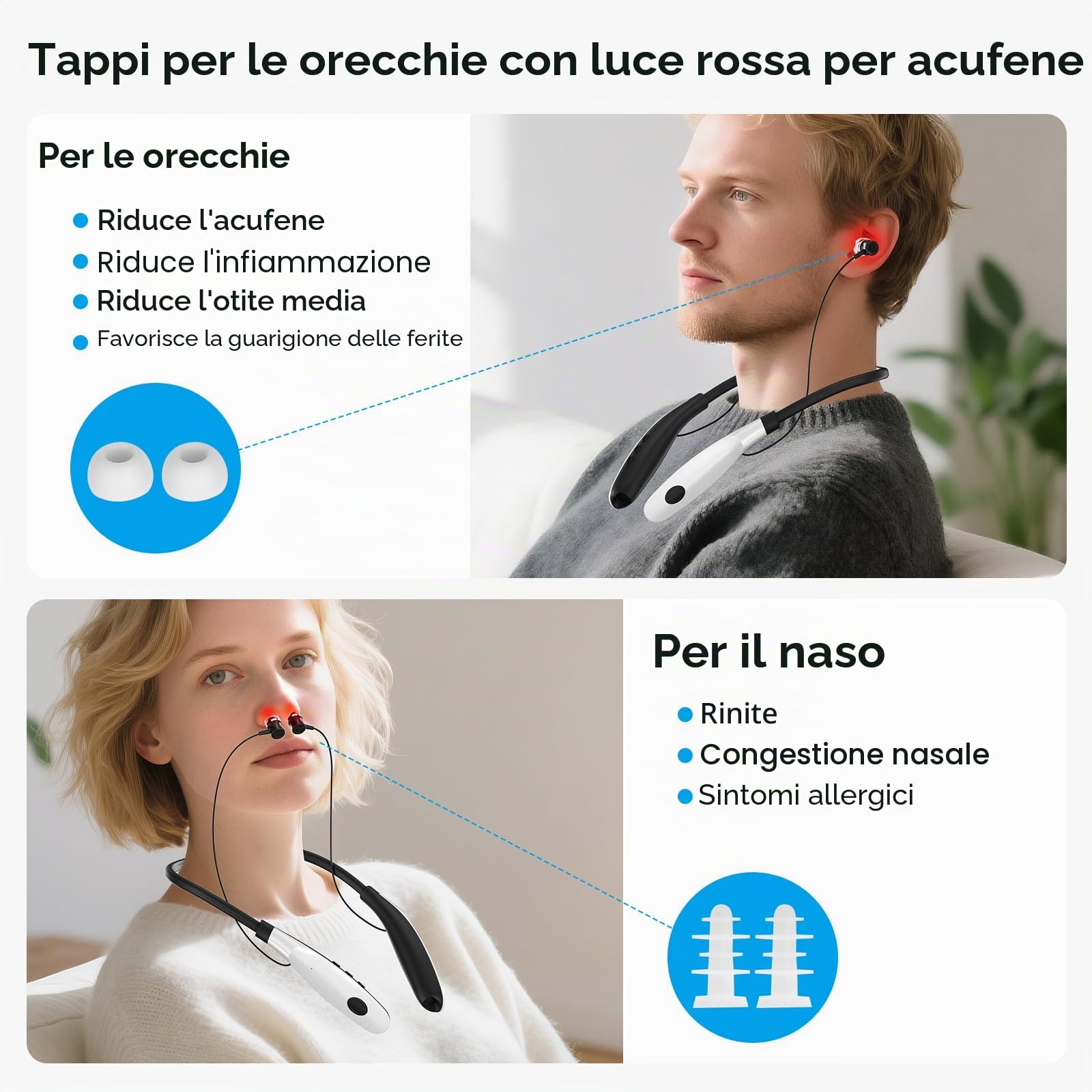 Tappi orecchie a infrarossi per acufene 2 in 1,650 nm luce rossa acufene auricolari per ridurre acufeni,set di Tappi a infrarossi per orecchie e naso(non calore)