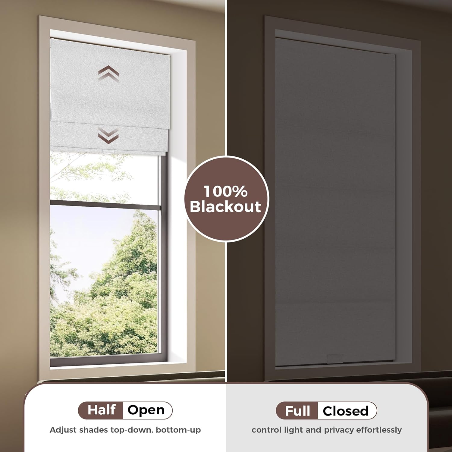 Allesin Zen Cordless Roman Shades for Windows, Blackout Thermal Insulated Room Darkening Window Blinds, No Drill No Tools Easy Install, Linen Fabric, Fits Bedroom, 34" W x 64" H, White